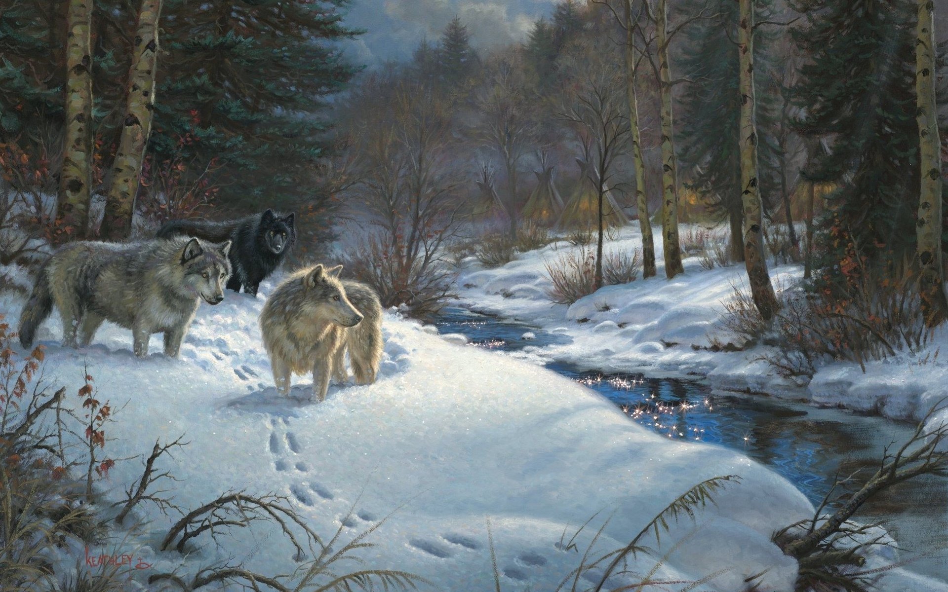 Mark Keathley Valley of Shadows Wolf Forest Winter Painting HD Wallpaper