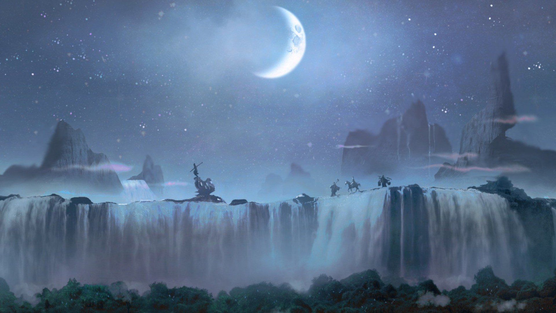 Fantasy landscape with waterfalls and a crescent moon HD Wallpaper