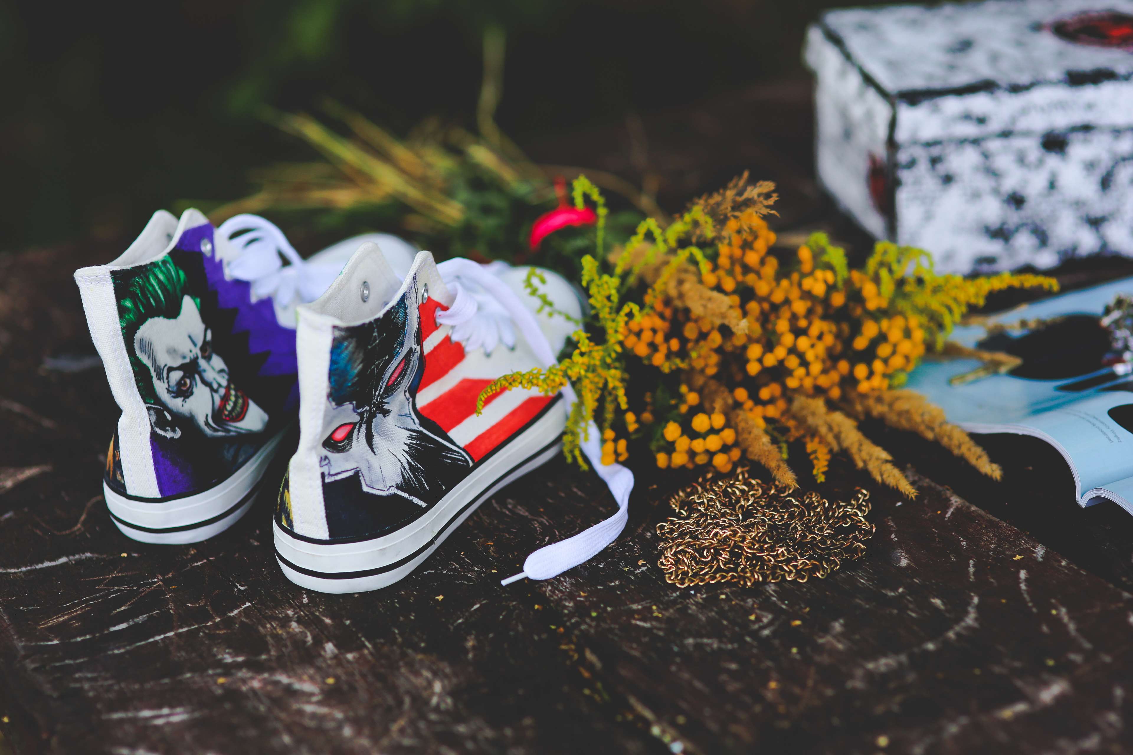 Hand-painted Joker and Batman sneakers with flowers HD Wallpaper