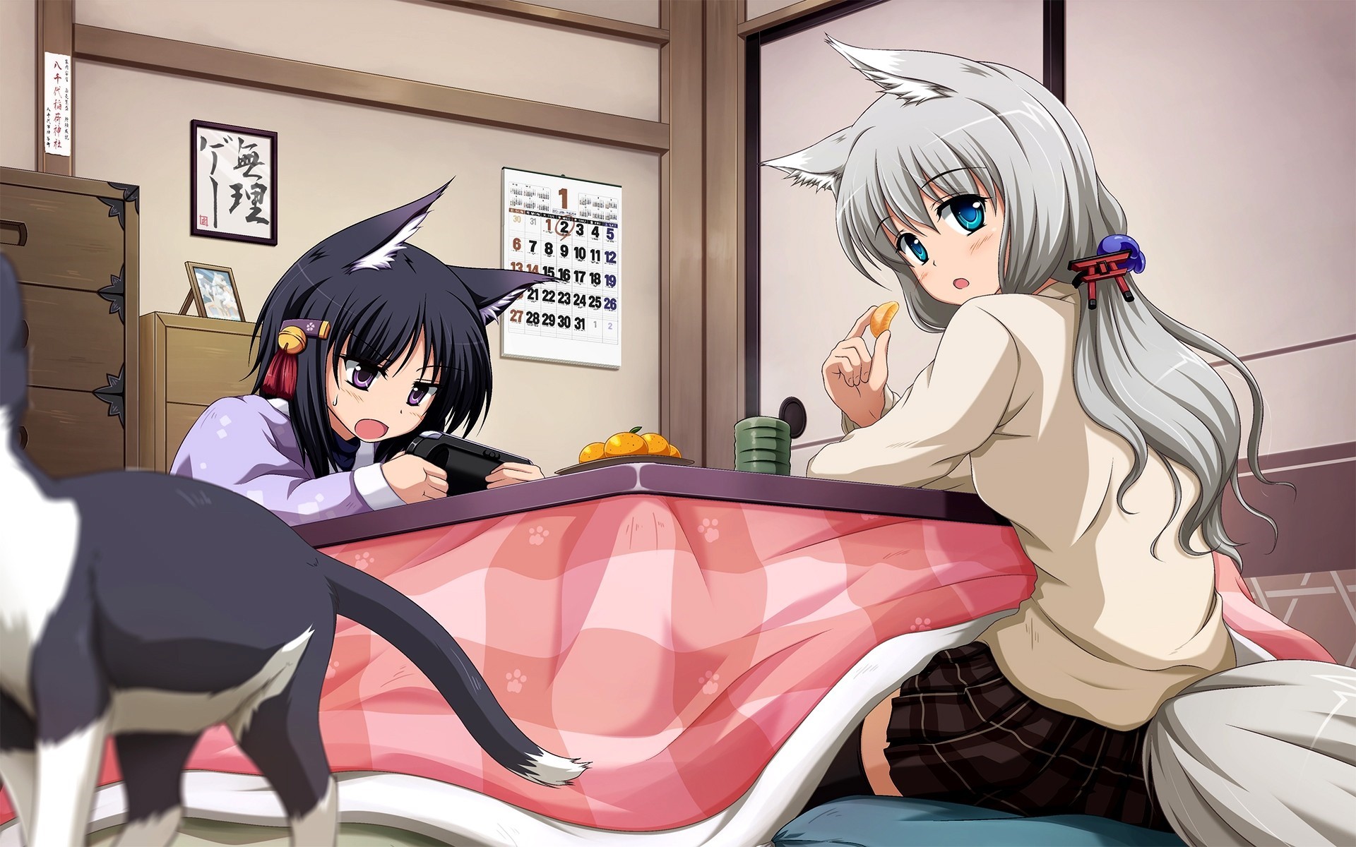 Neko girls playing video games by a kotatsu HD Wallpaper