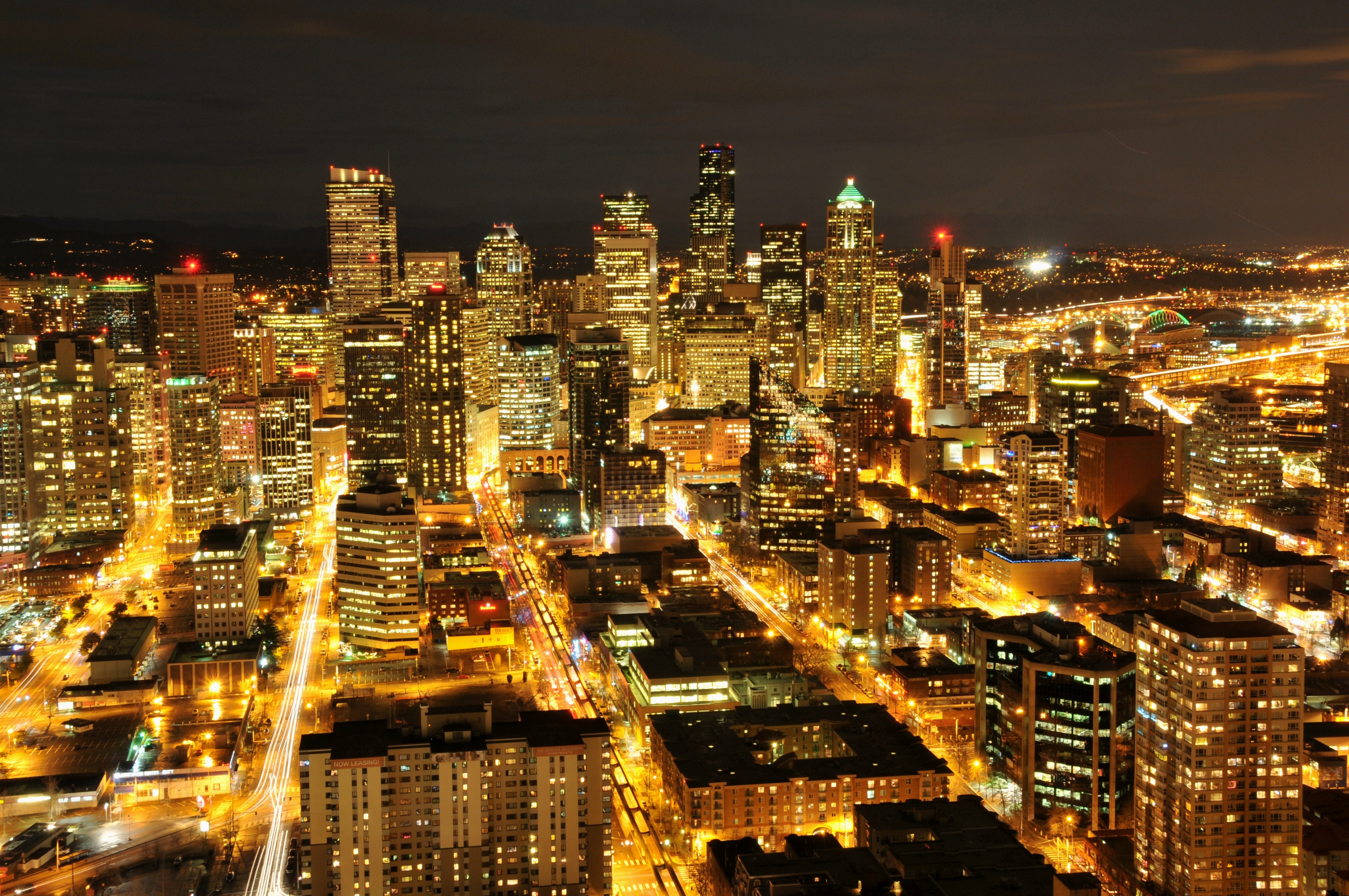 Seattle skyline at night, Washington, USA HD Wallpaper