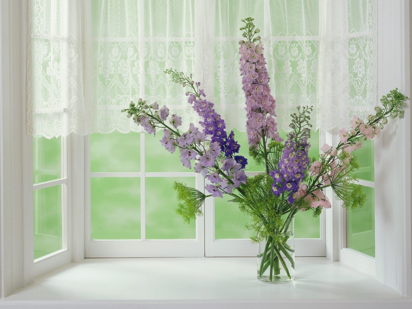 Flowers in a vase on a windowsill HD Wallpaper