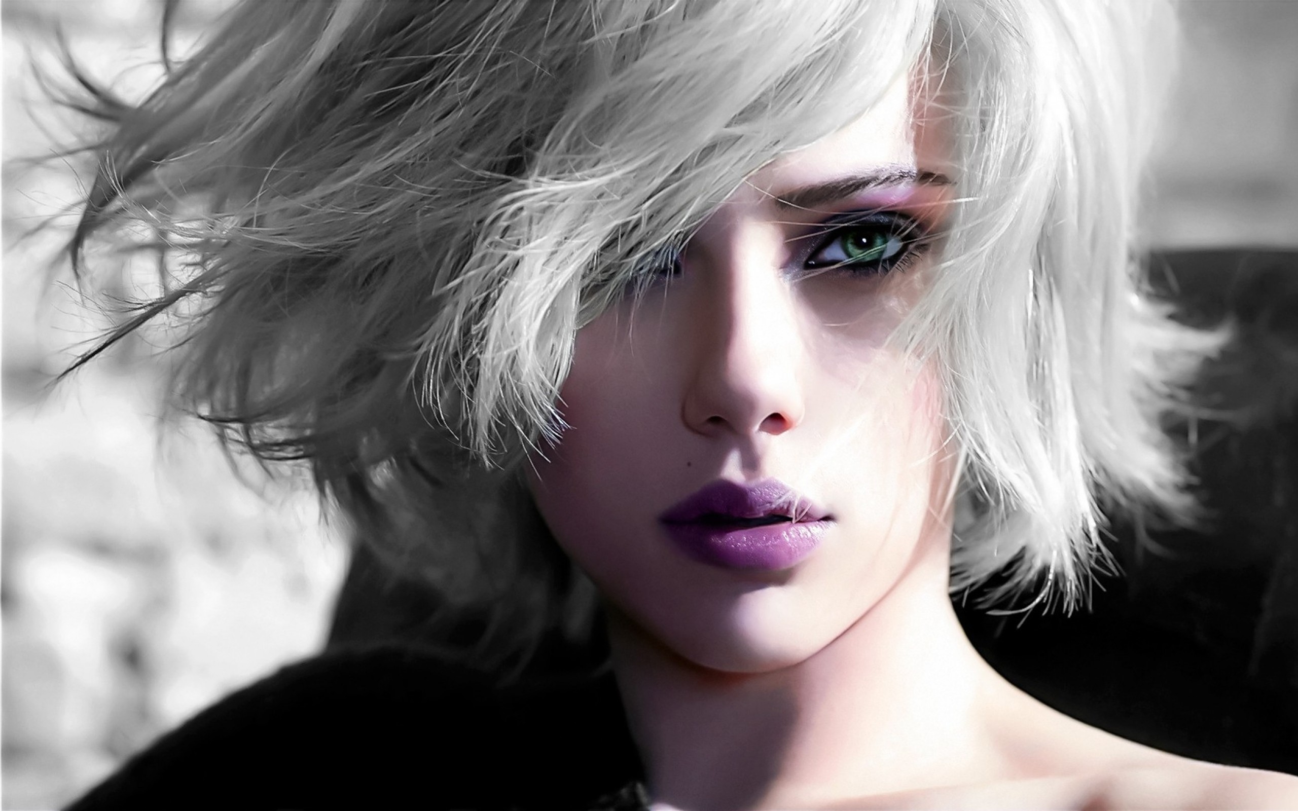 Scarlett Johansson with white hair and purple lipstick HD Wallpaper