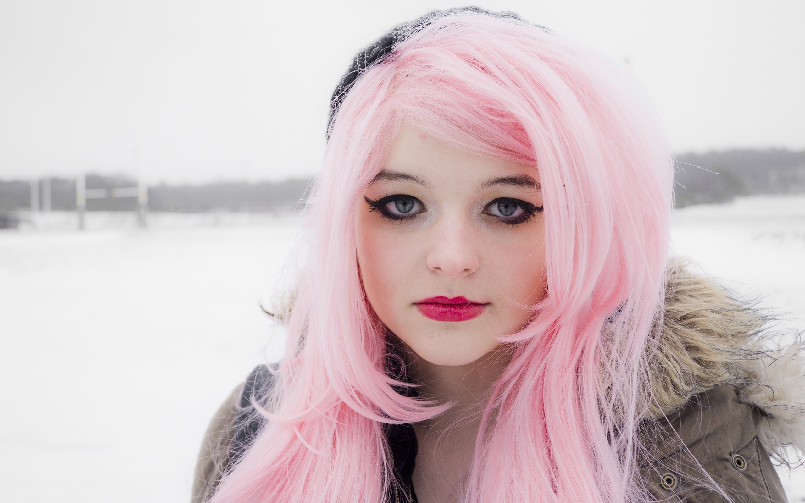 Teenage girl with pink hair in winter HD Wallpaper