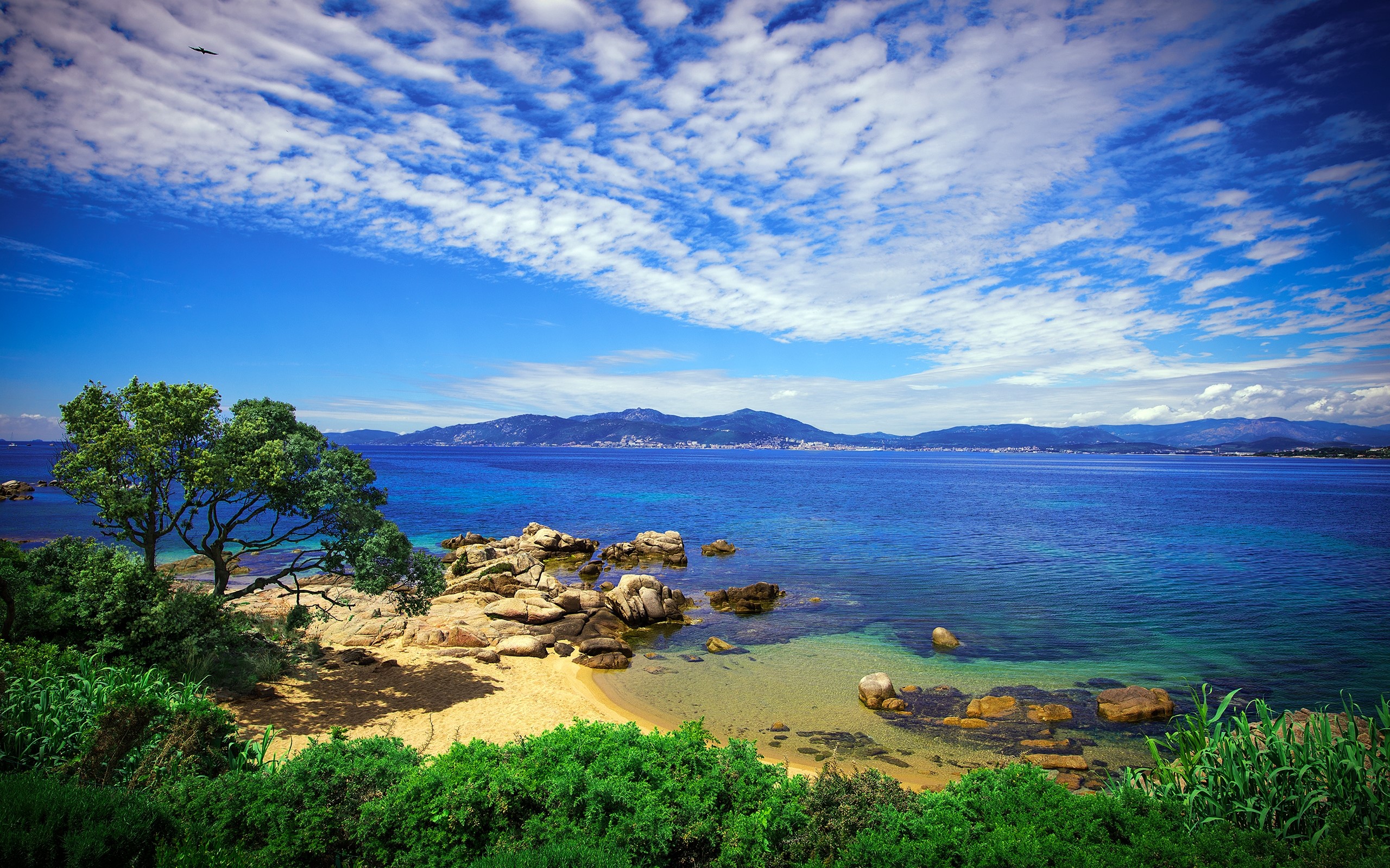 Beautiful beach with rocky shore and blue sea HD Wallpaper