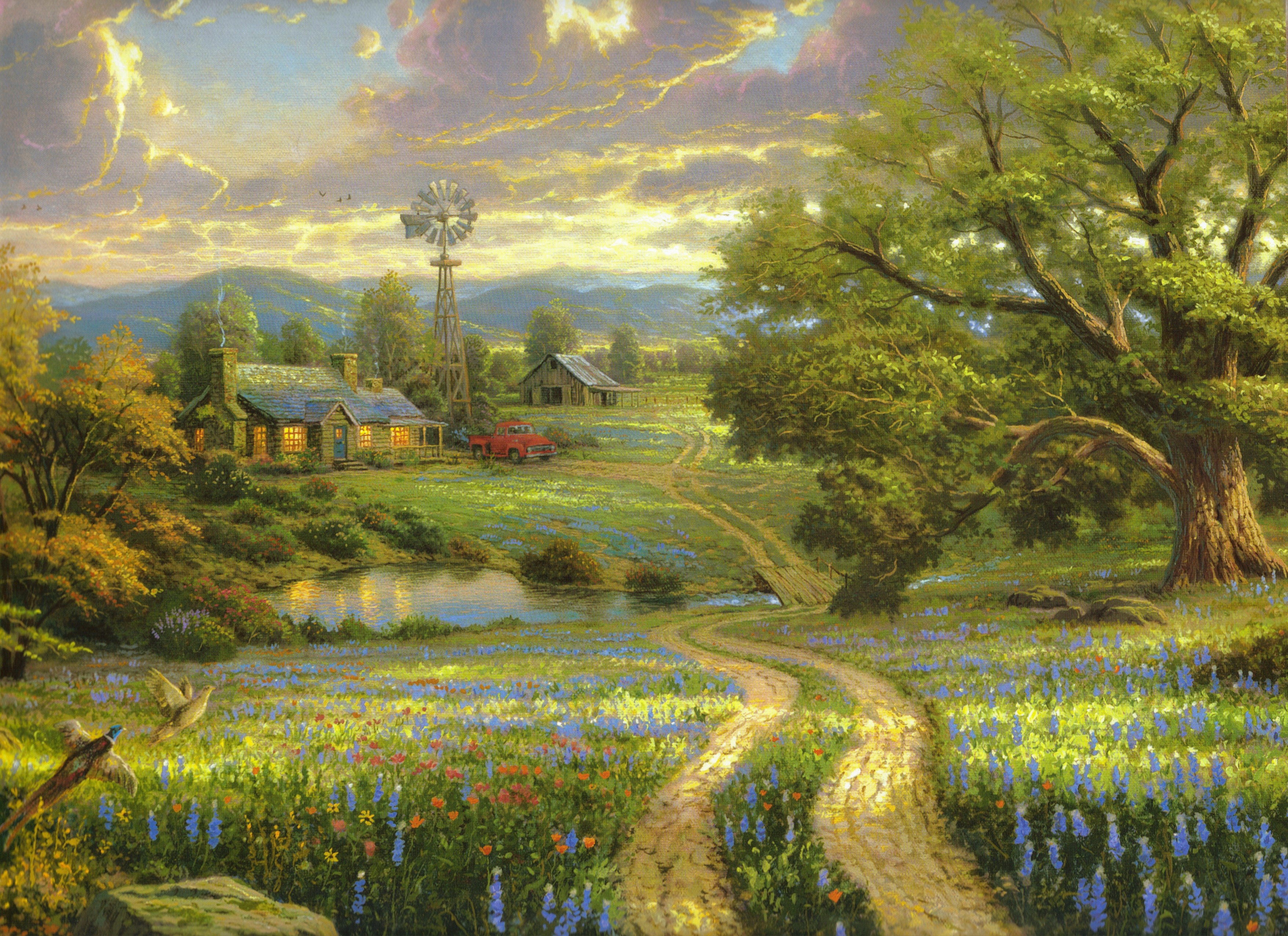 Painting of a country farm with a house, windmill, and red truck HD Wallpaper