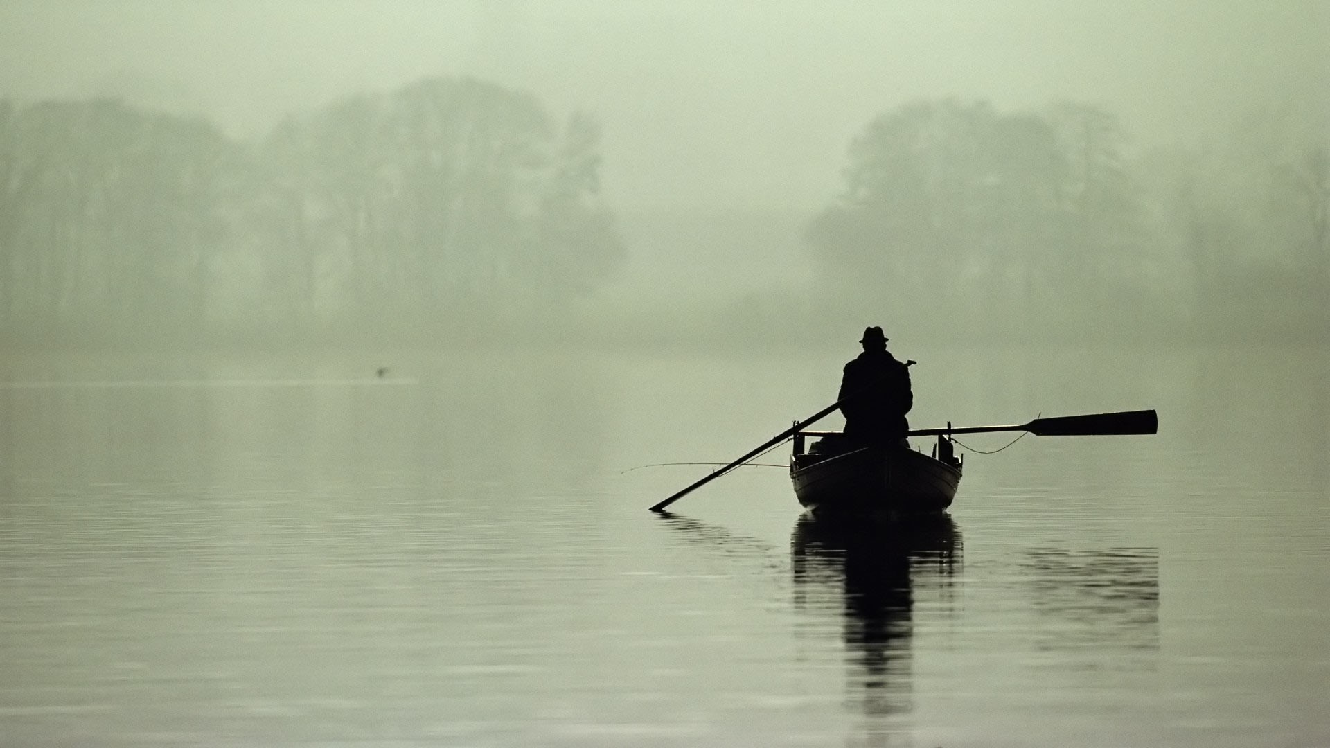 Person rowing a boat on a foggy lake HD Wallpaper