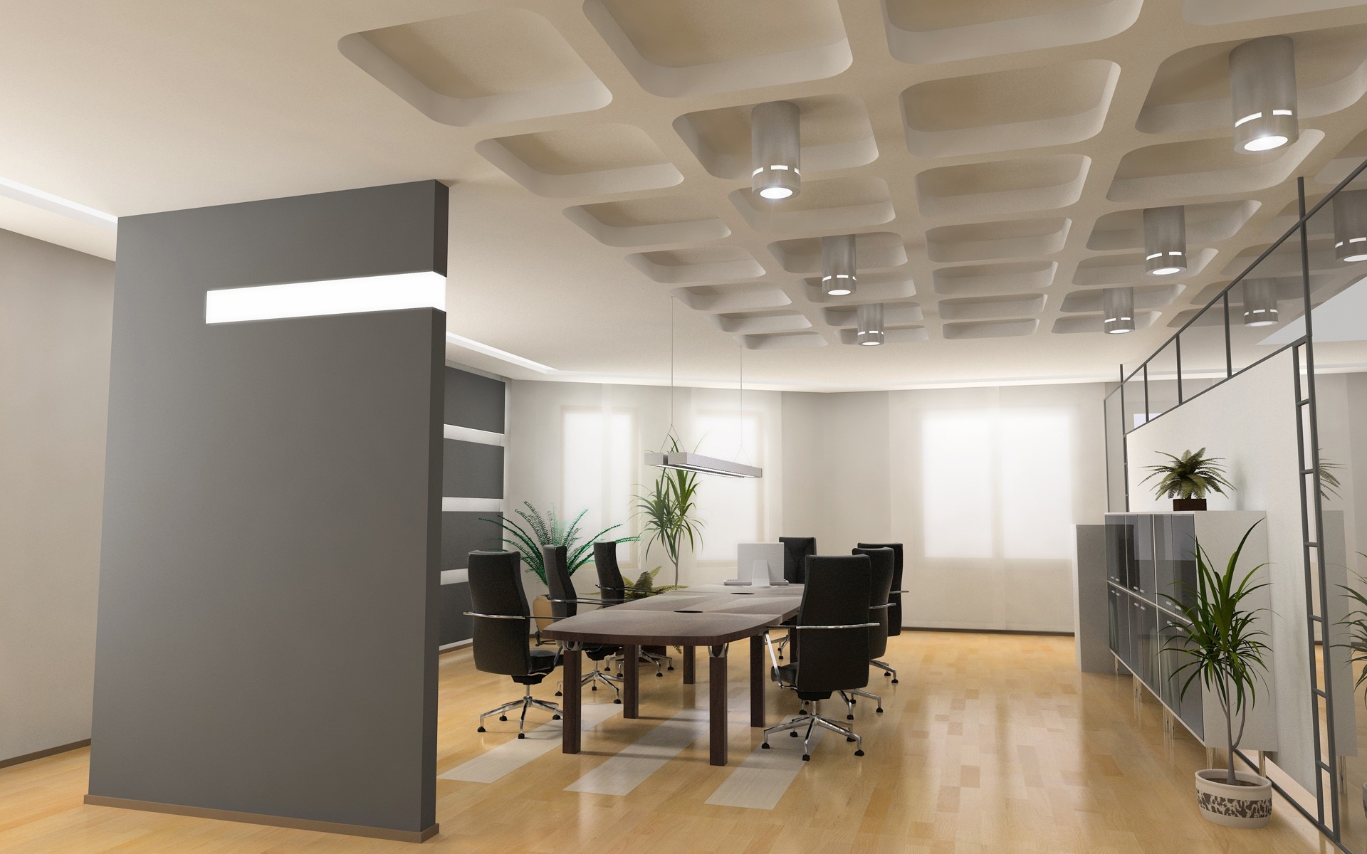 Modern Office Conference Room with Chairs and Desks HD Wallpaper