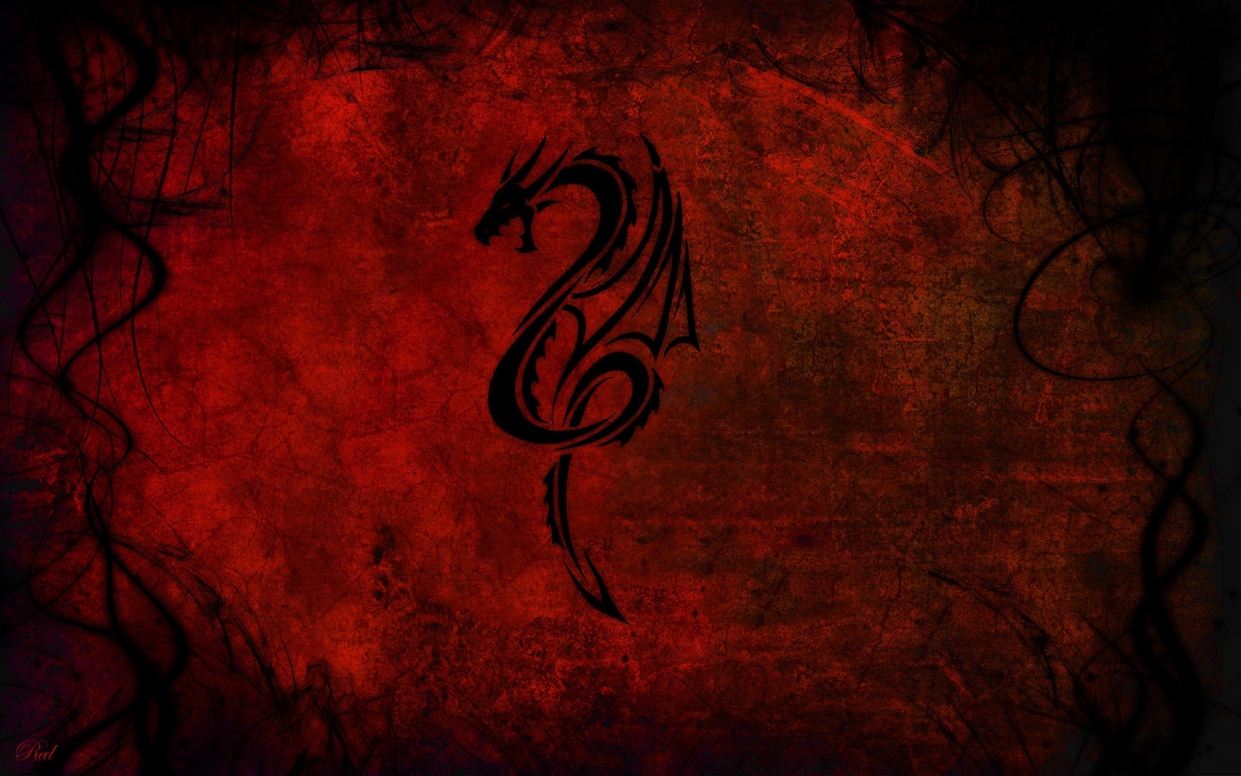 Black tribal dragon on a red grunge background HD Wallpaper