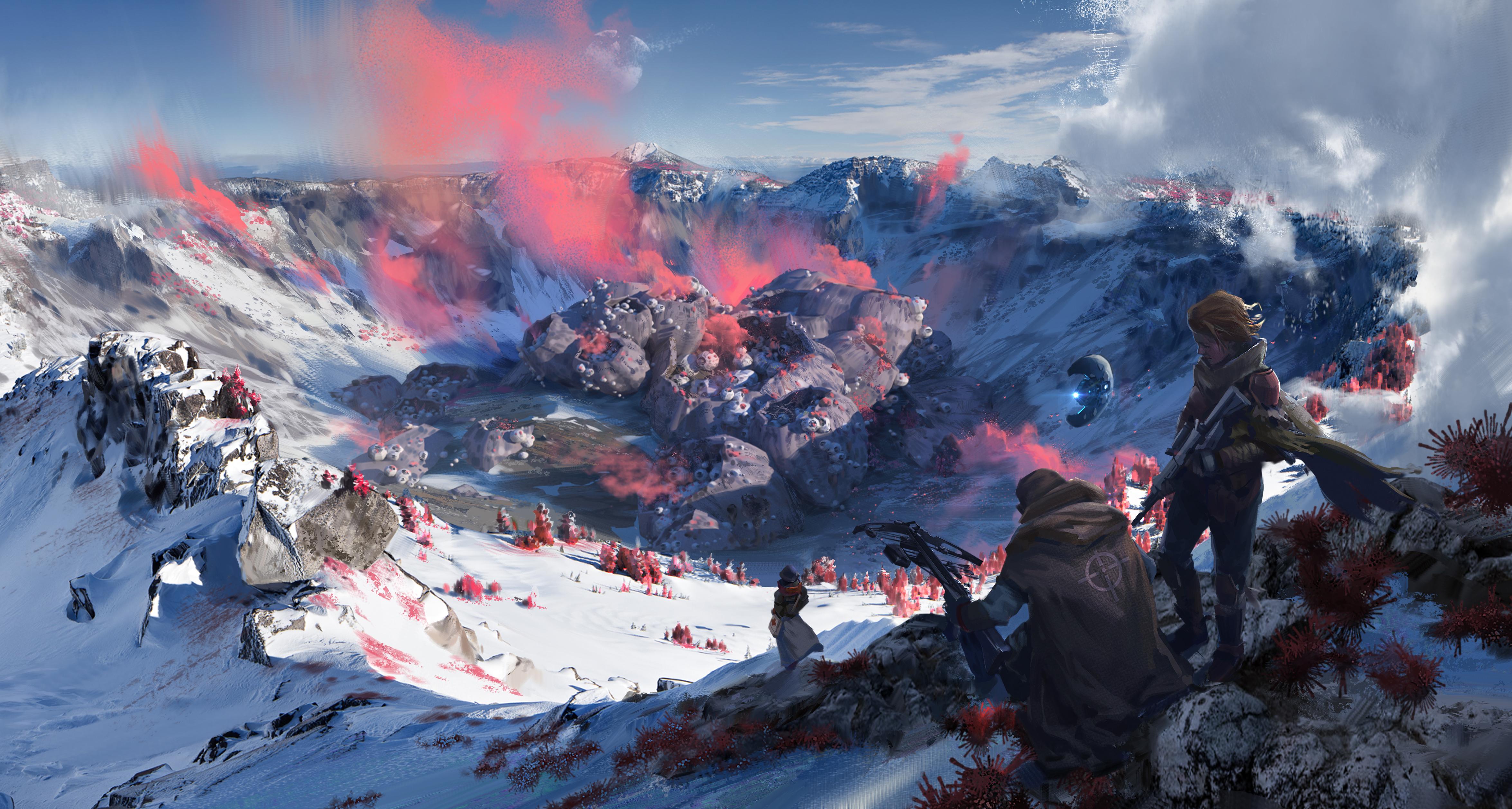 Artwork of a snowy crater with pink smoke and figures HD Wallpaper