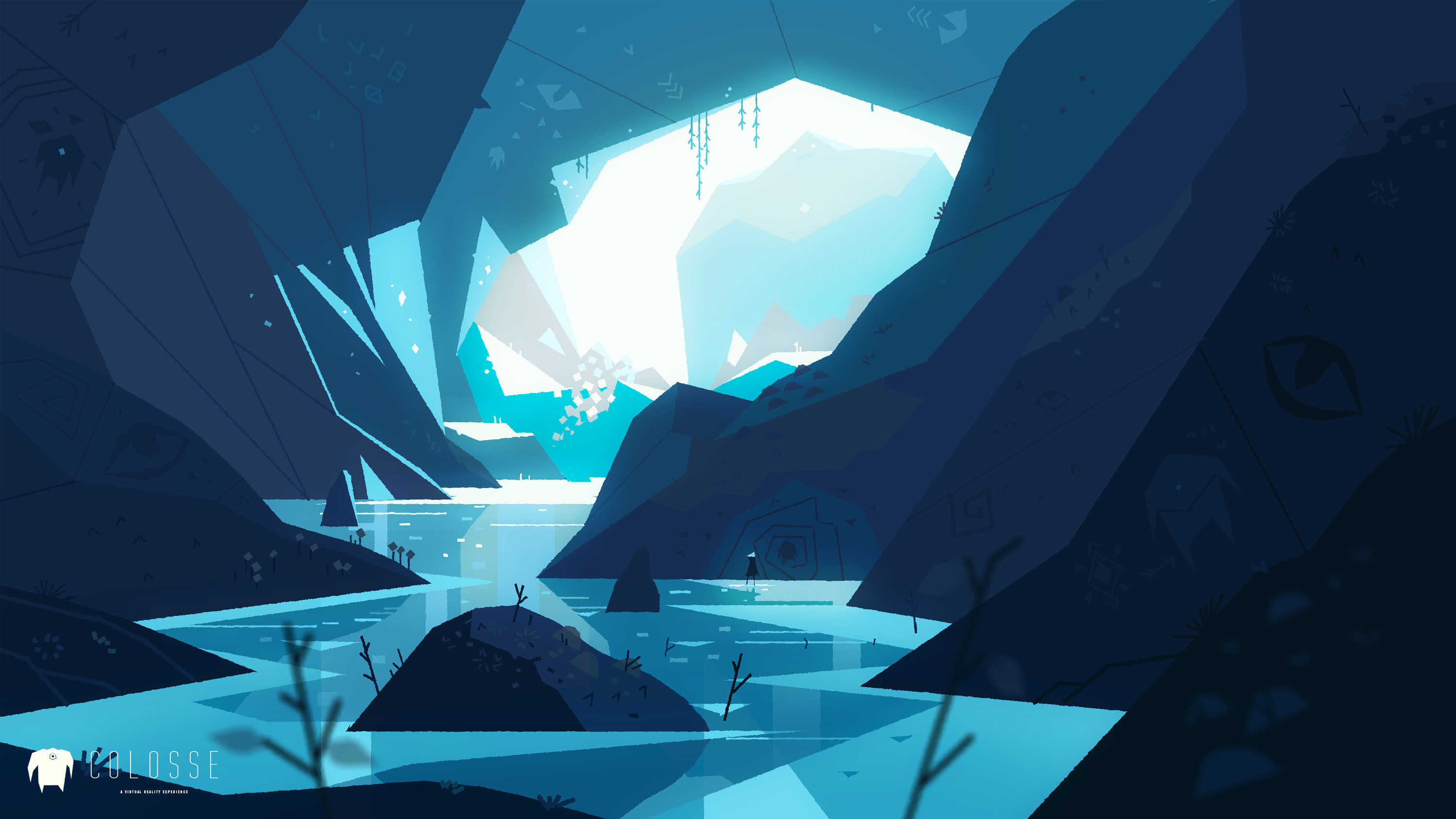 Digital art landscape of a cave with a river HD Wallpaper