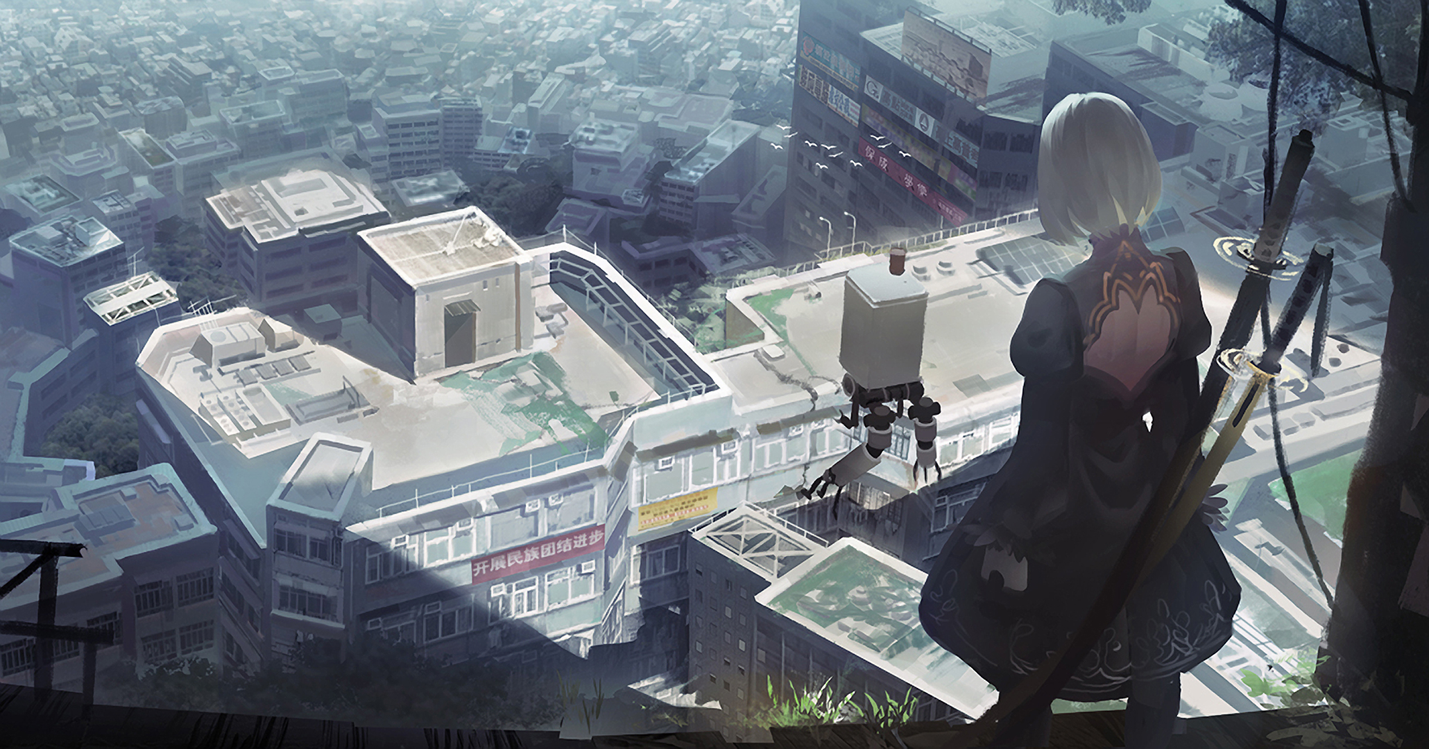 2B and Pod 042 overlooking a ruined city in Nier: Automata HD Wallpaper