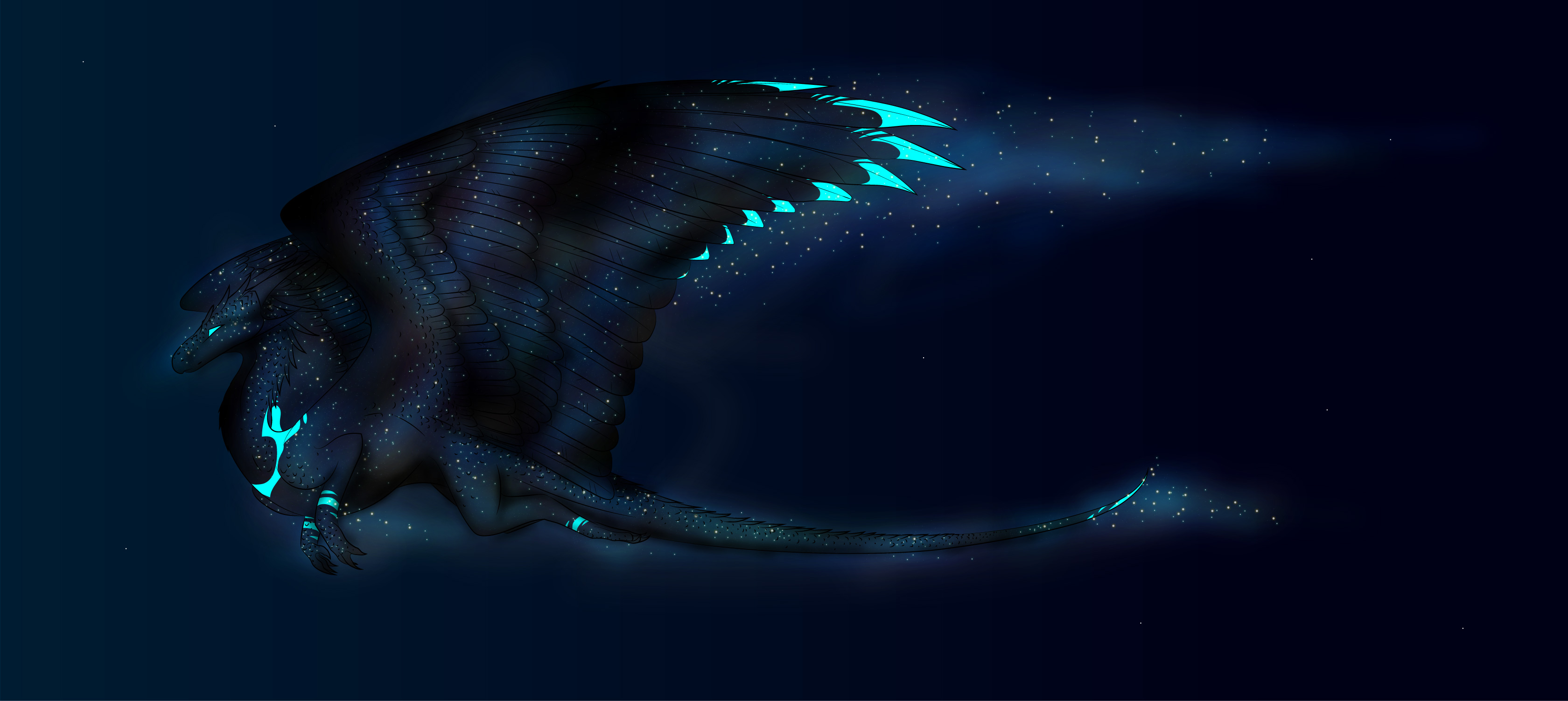 Dragon with glowing markings in starry night sky HD Wallpaper