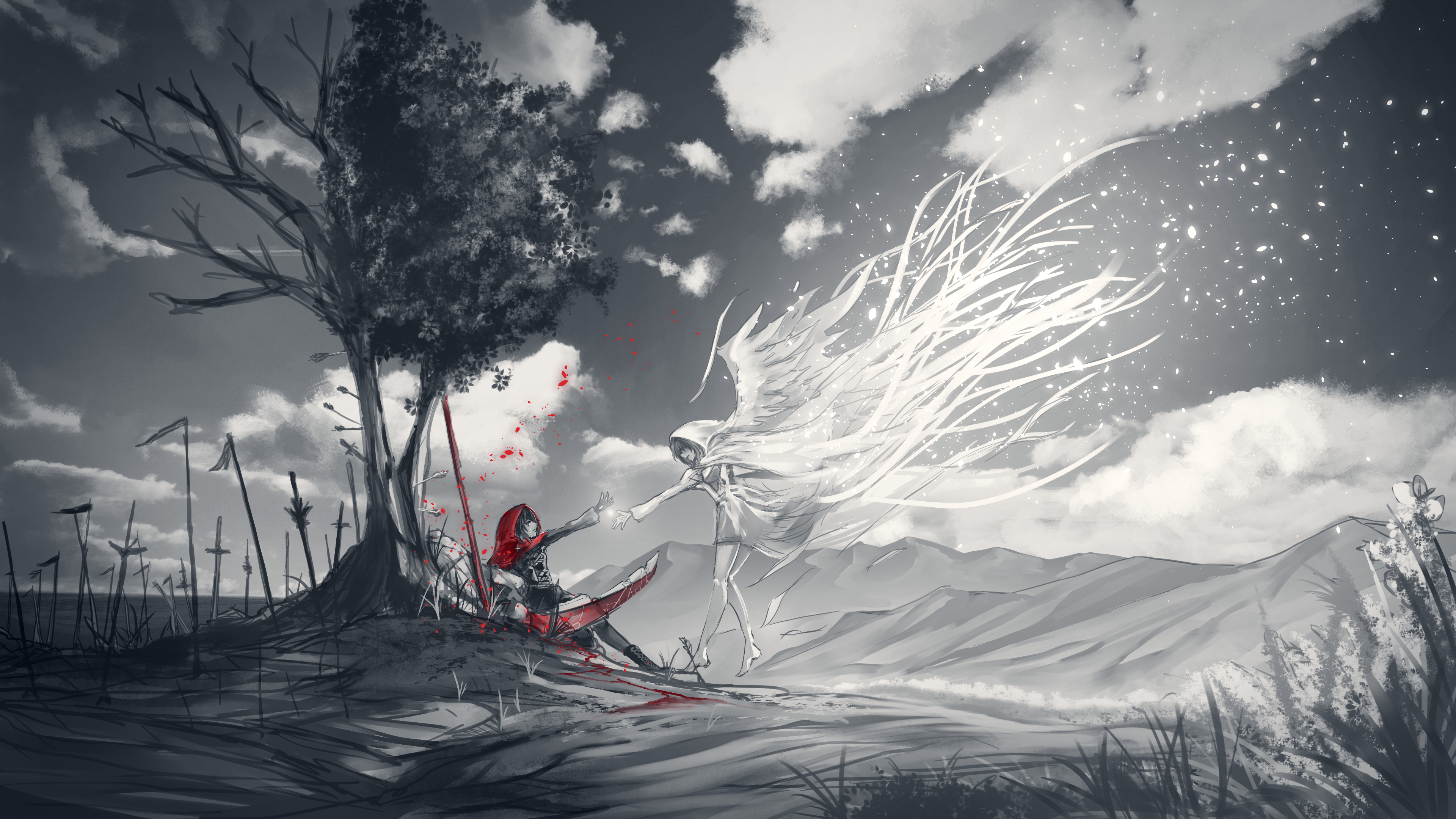 RWBY anime artwork of a fallen warrior and an angel HD Wallpaper