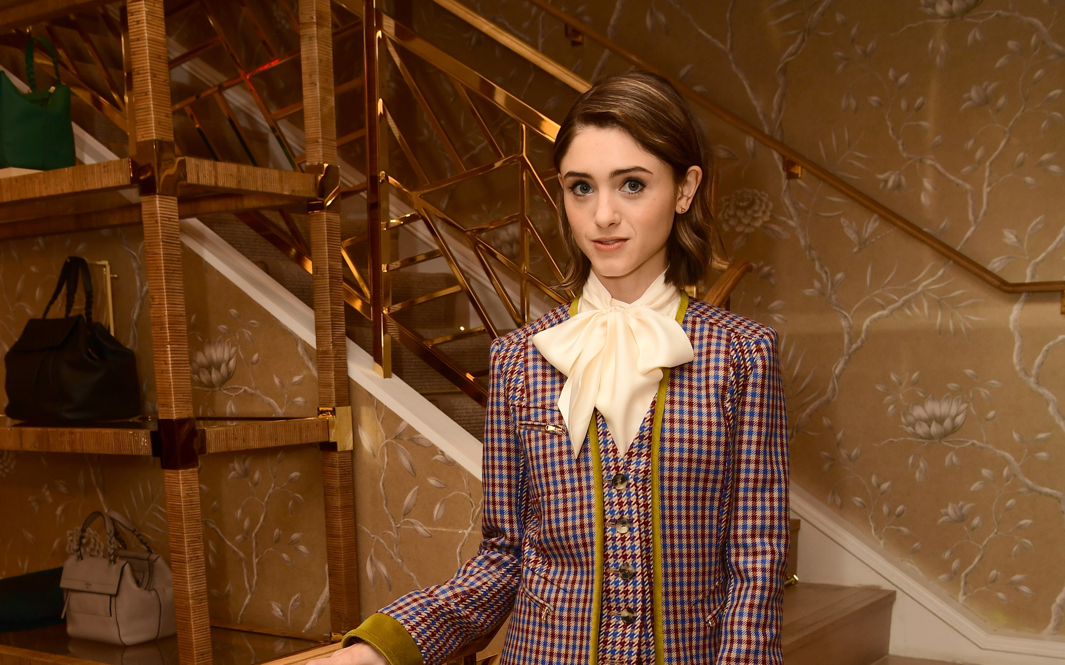Natalia Dyer in Plaid Blazer HD Wallpaper