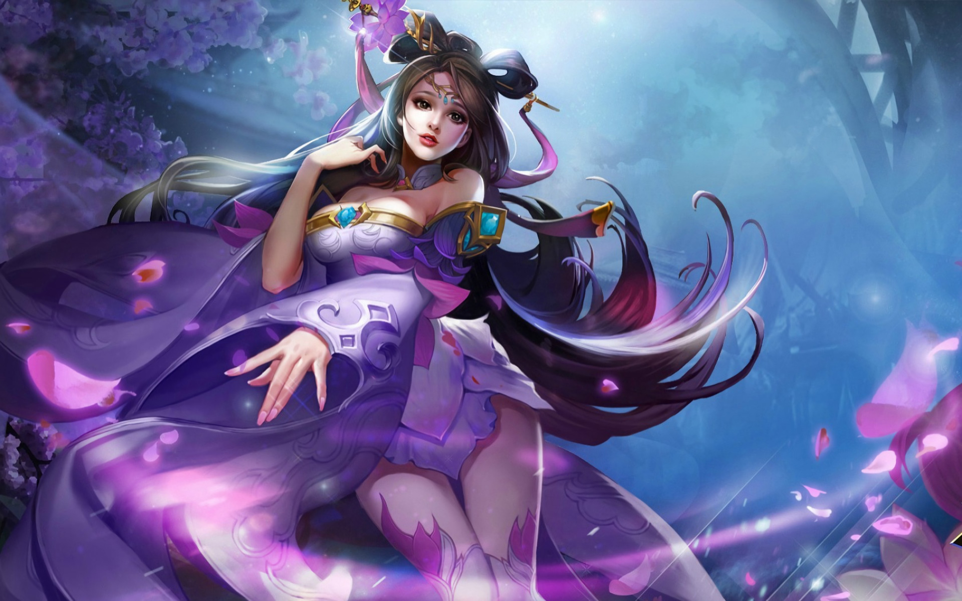 Mystical Anime Girl in Purple Fantasy Attire HD Wallpaper
