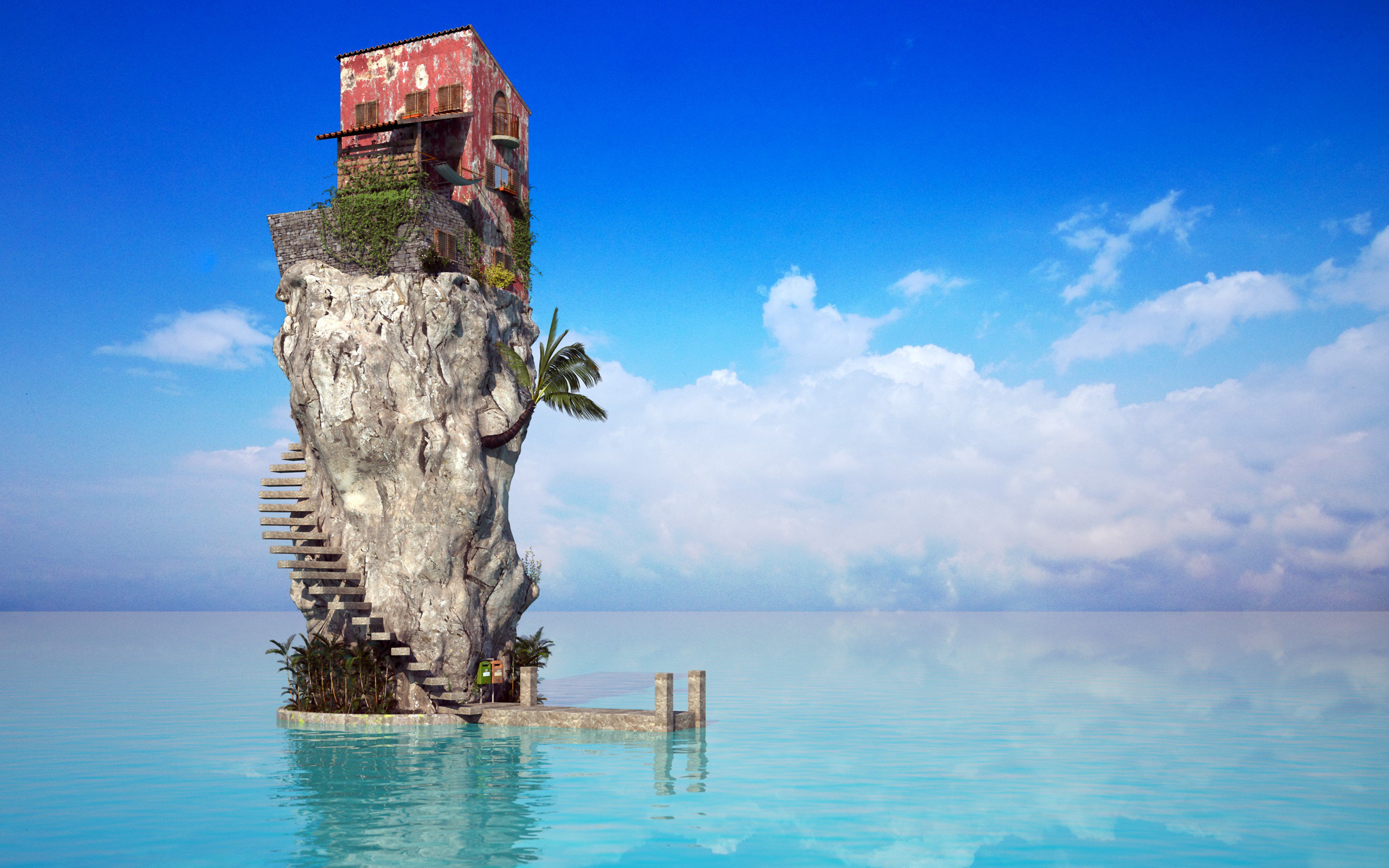 House on a rock in the sea HD Wallpaper