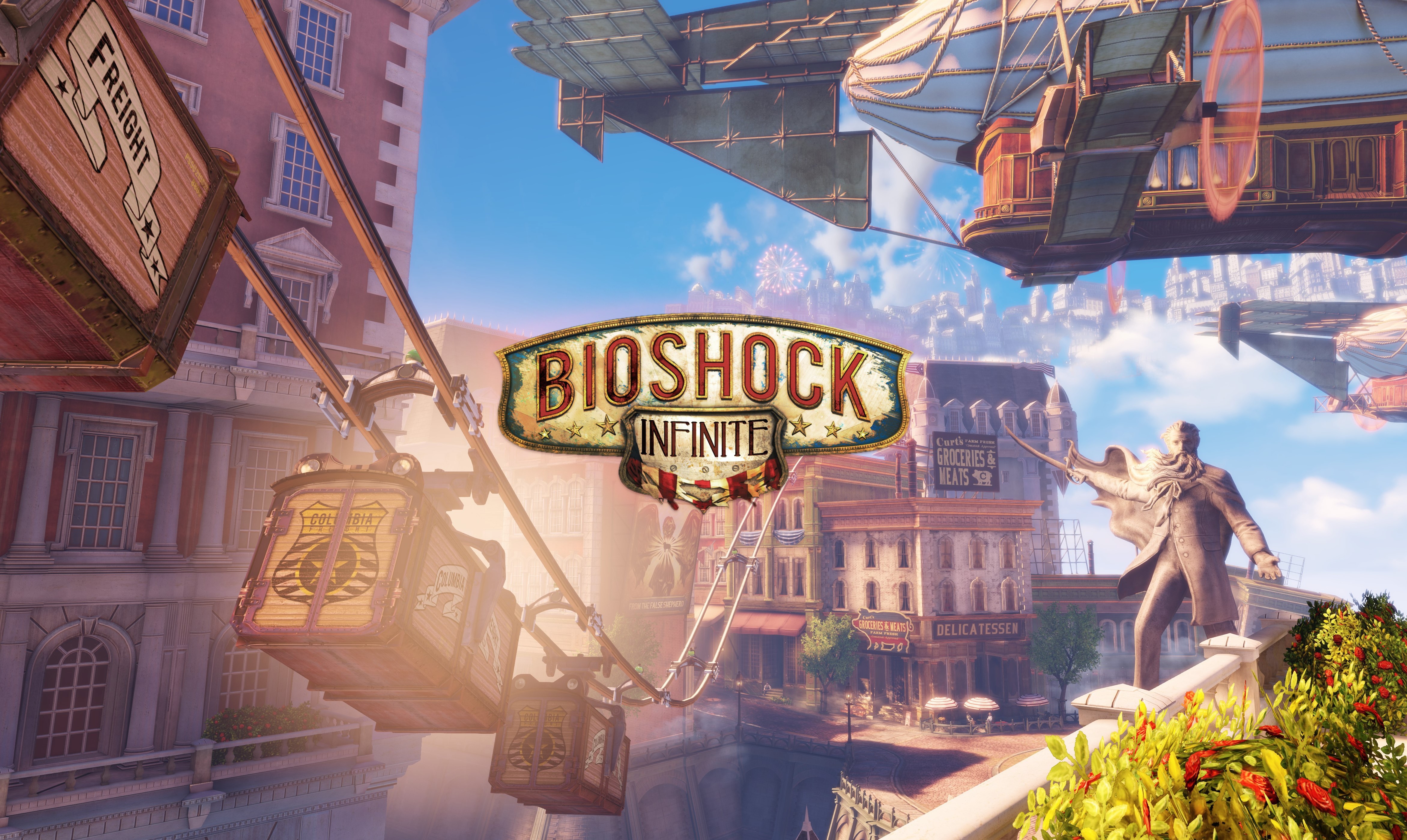 Bioshock Infinite game title screen with city and airships HD Wallpaper