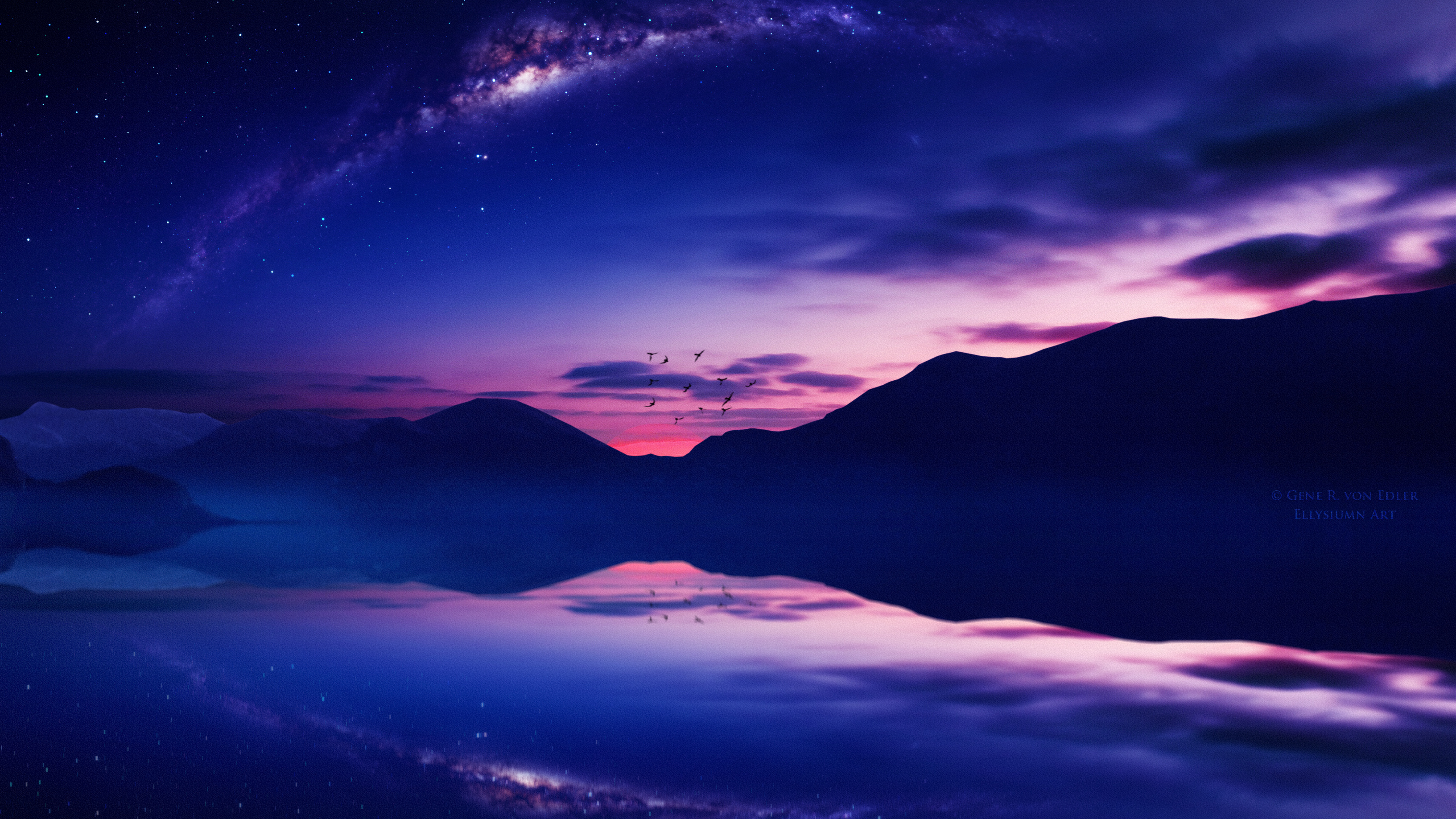 Twilight landscape with Milky Way and reflection HD Wallpaper