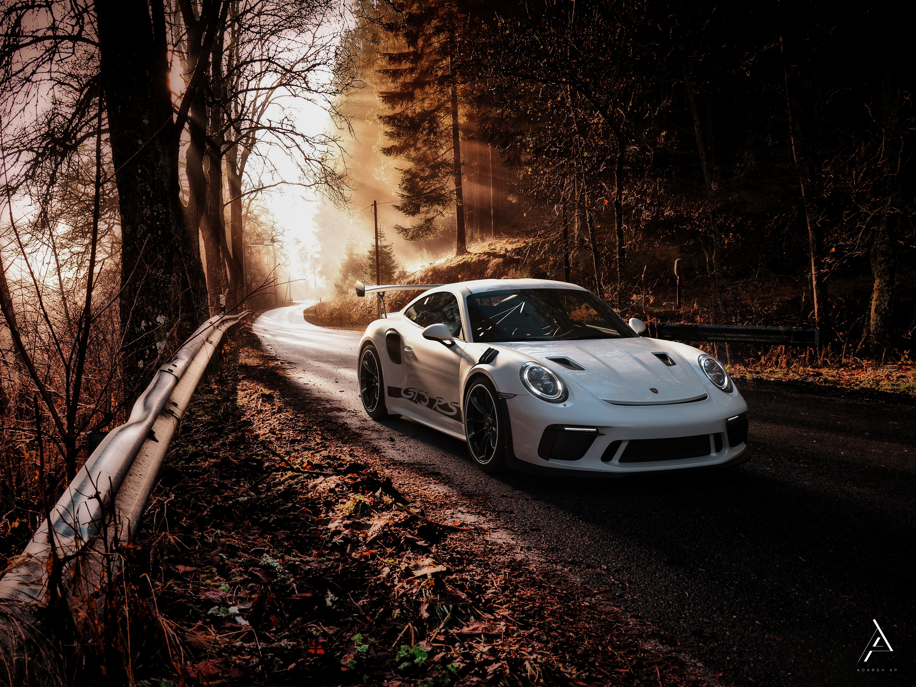White Porsche 911 GT3 RS on a forest road HD Wallpaper