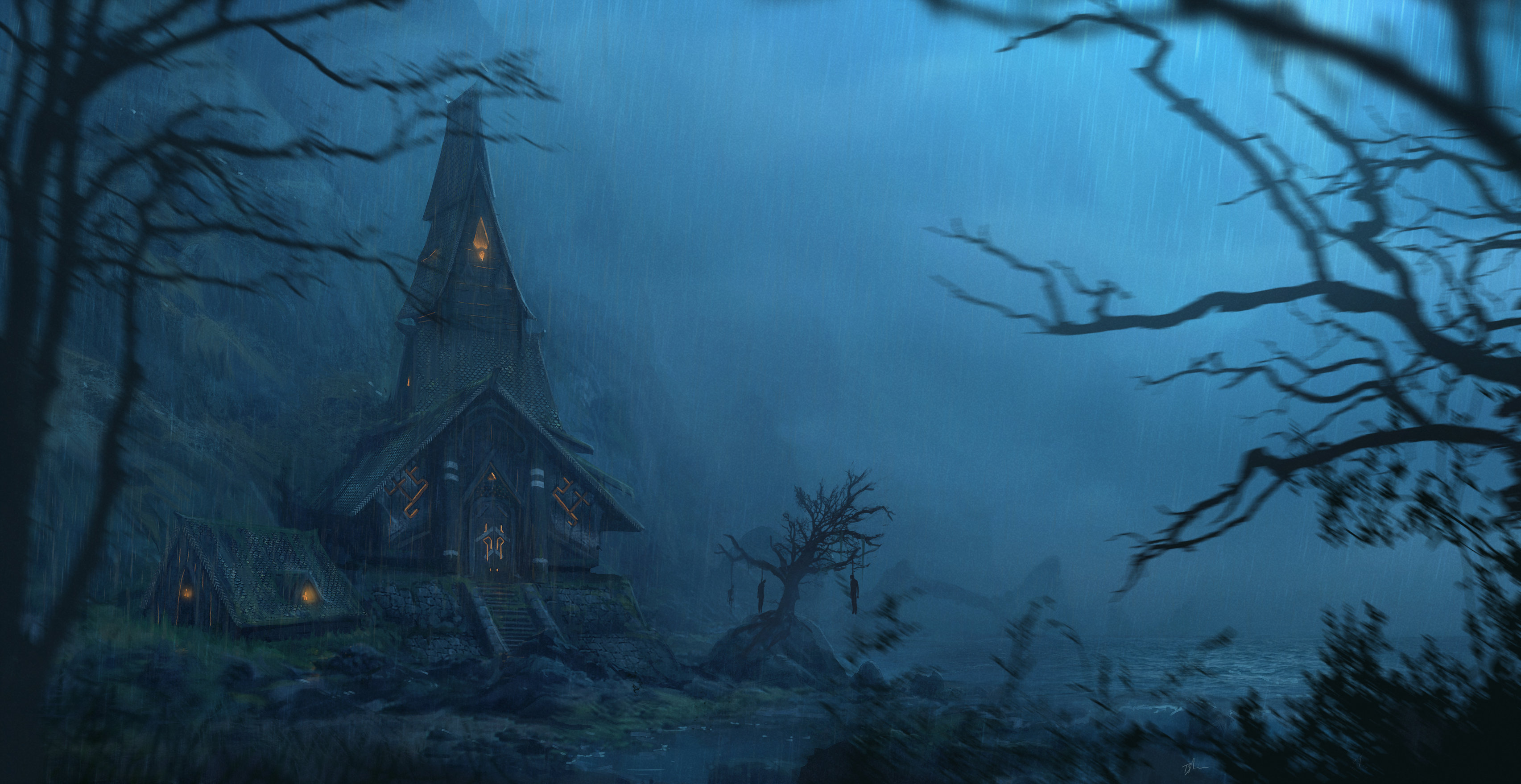 Haunted house in the rain at night HD Wallpaper