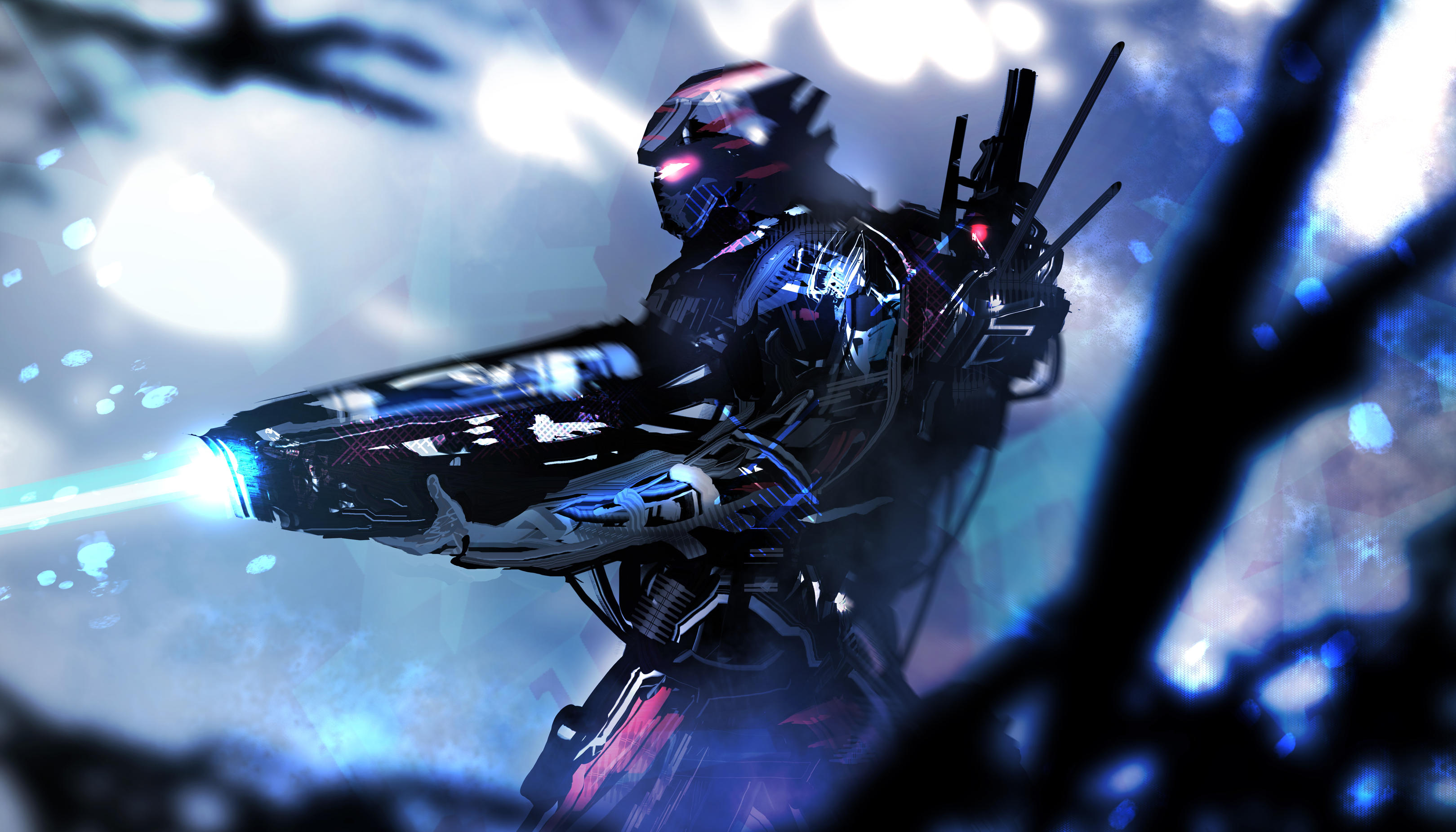 Futuristic warrior with glowing weapon HD Wallpaper