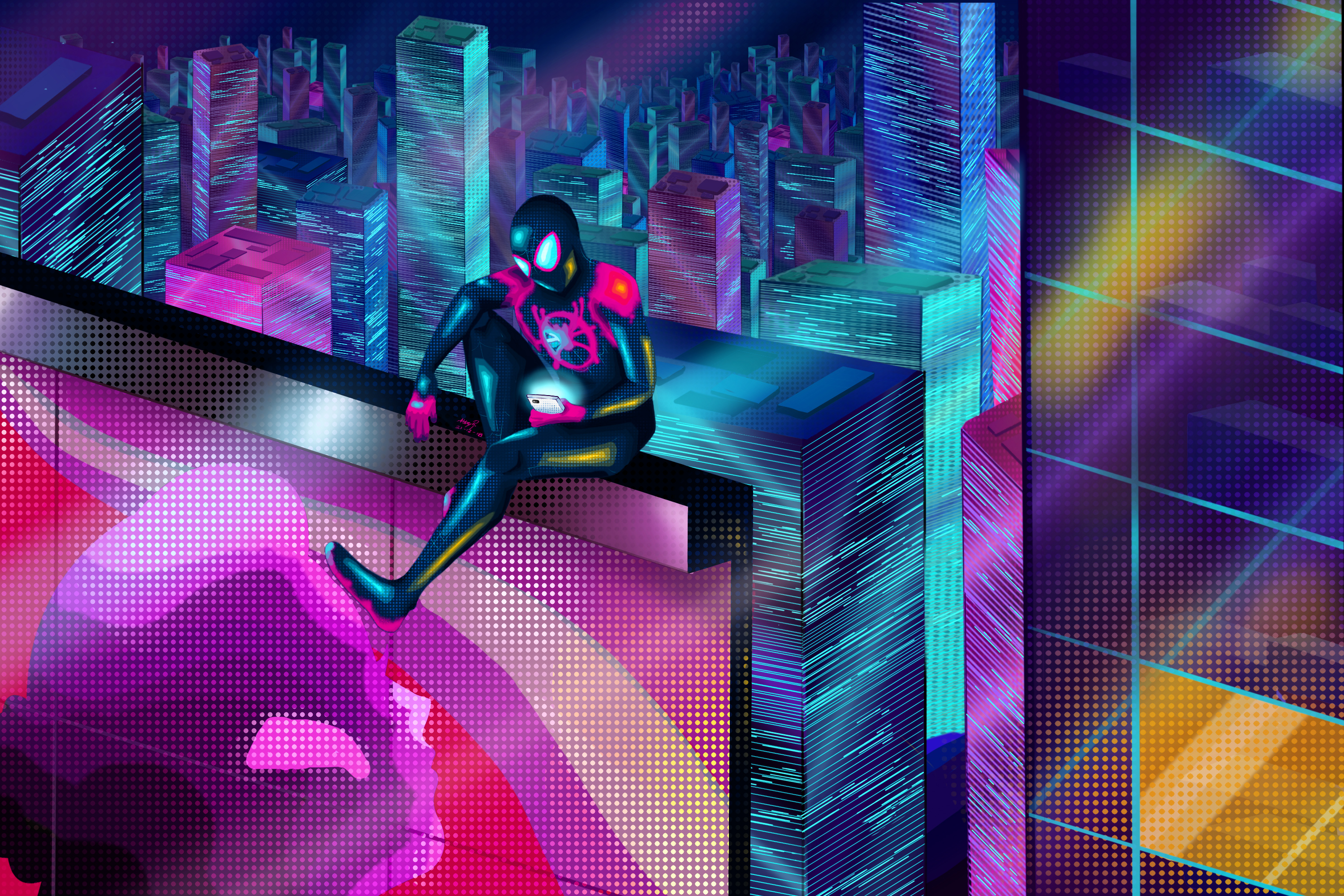 Miles Morales from Spider-Man: Into The Spider-Verse on a rooftop HD Wallpaper