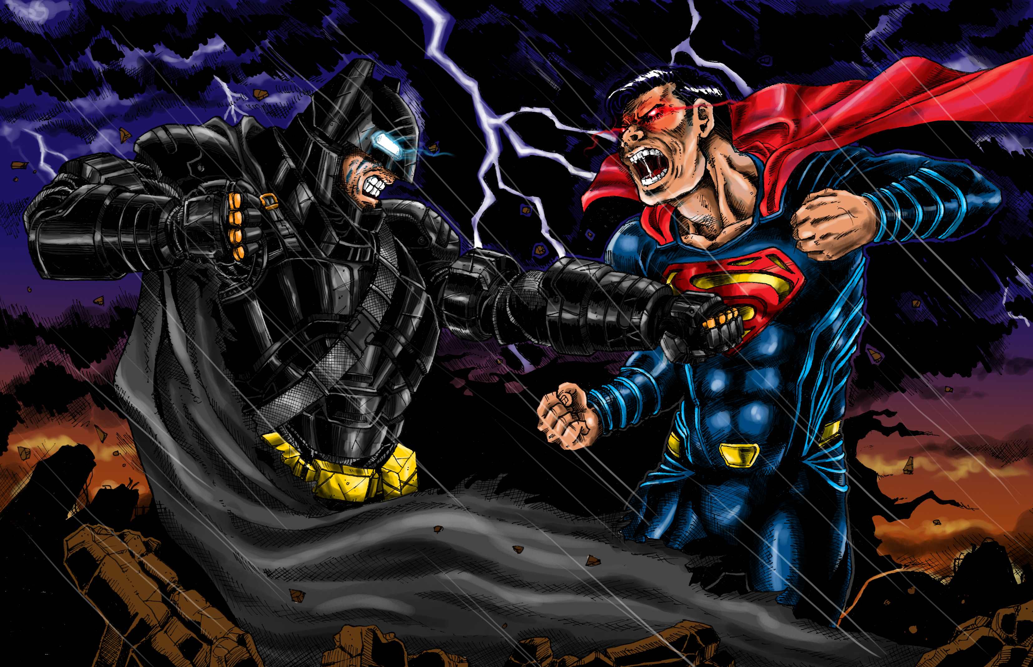Batman vs. Superman in a stormy battle HD Wallpaper