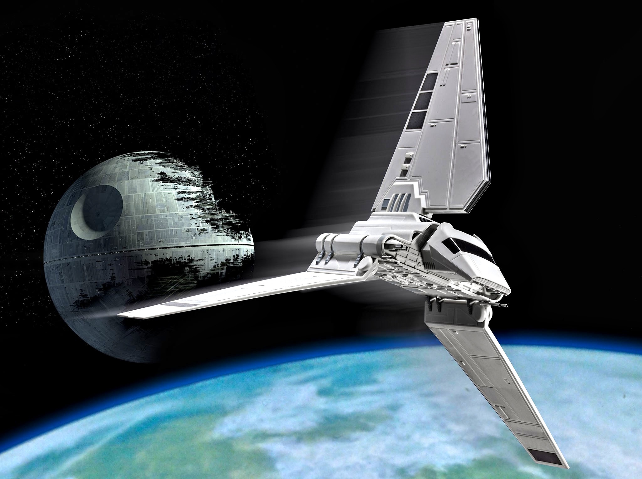 Imperial Shuttle and Death Star in space HD Wallpaper
