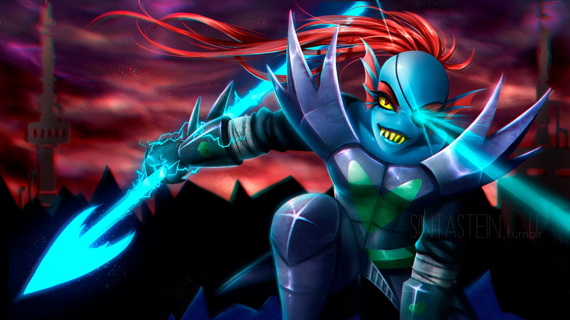 Undyne from Undertale with a spear HD Wallpaper