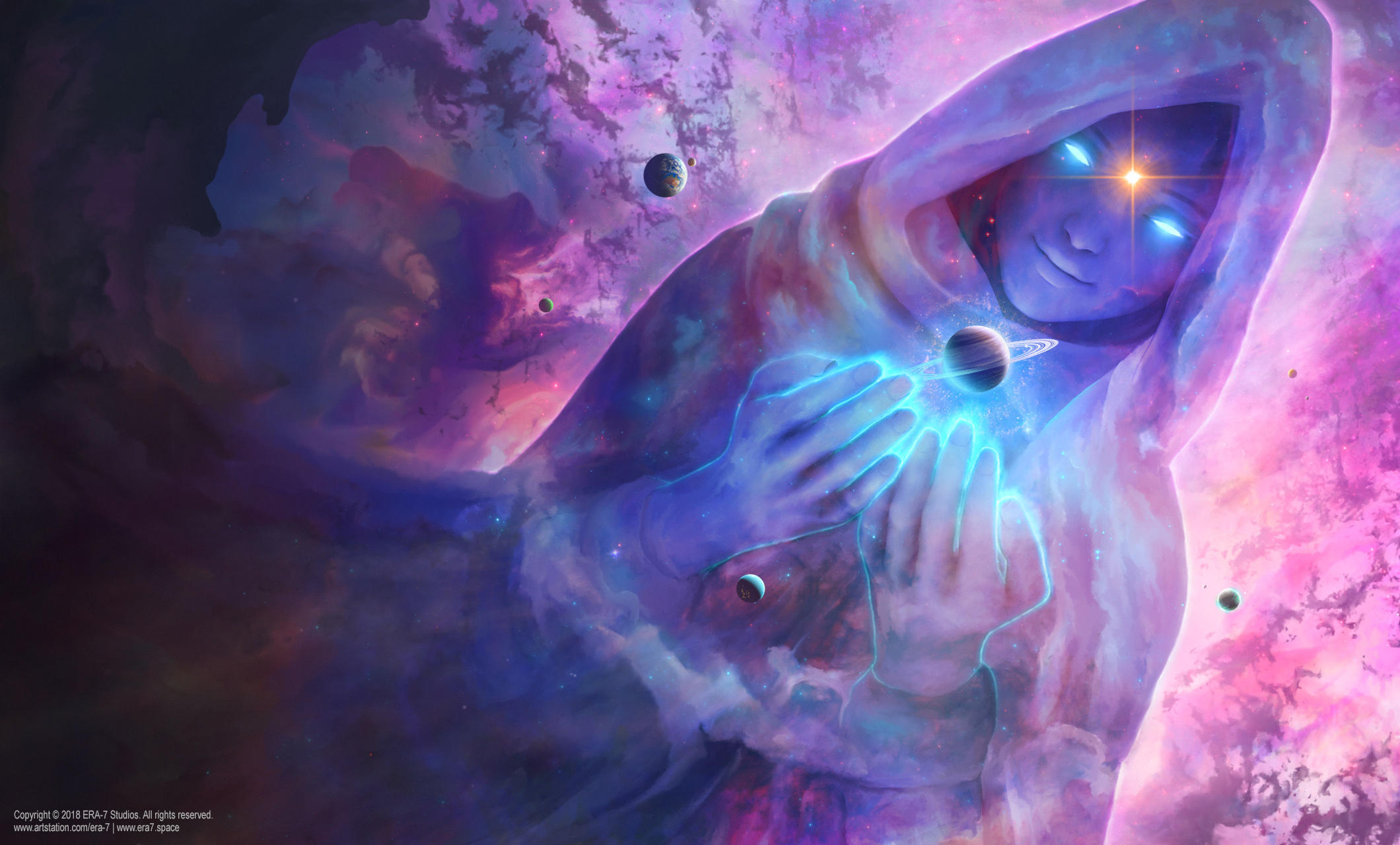 Cosmic being with planets and nebula HD Wallpaper