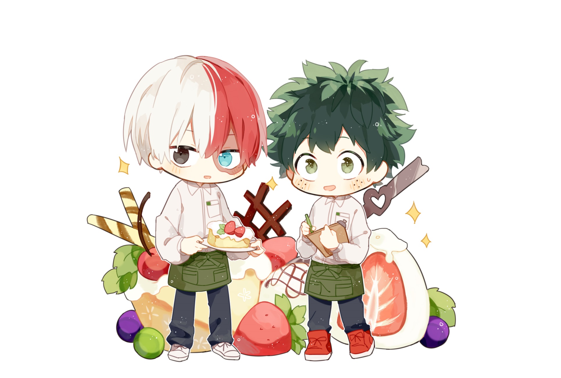 Chibi Todoroki and Midoriya with Desserts HD Wallpaper