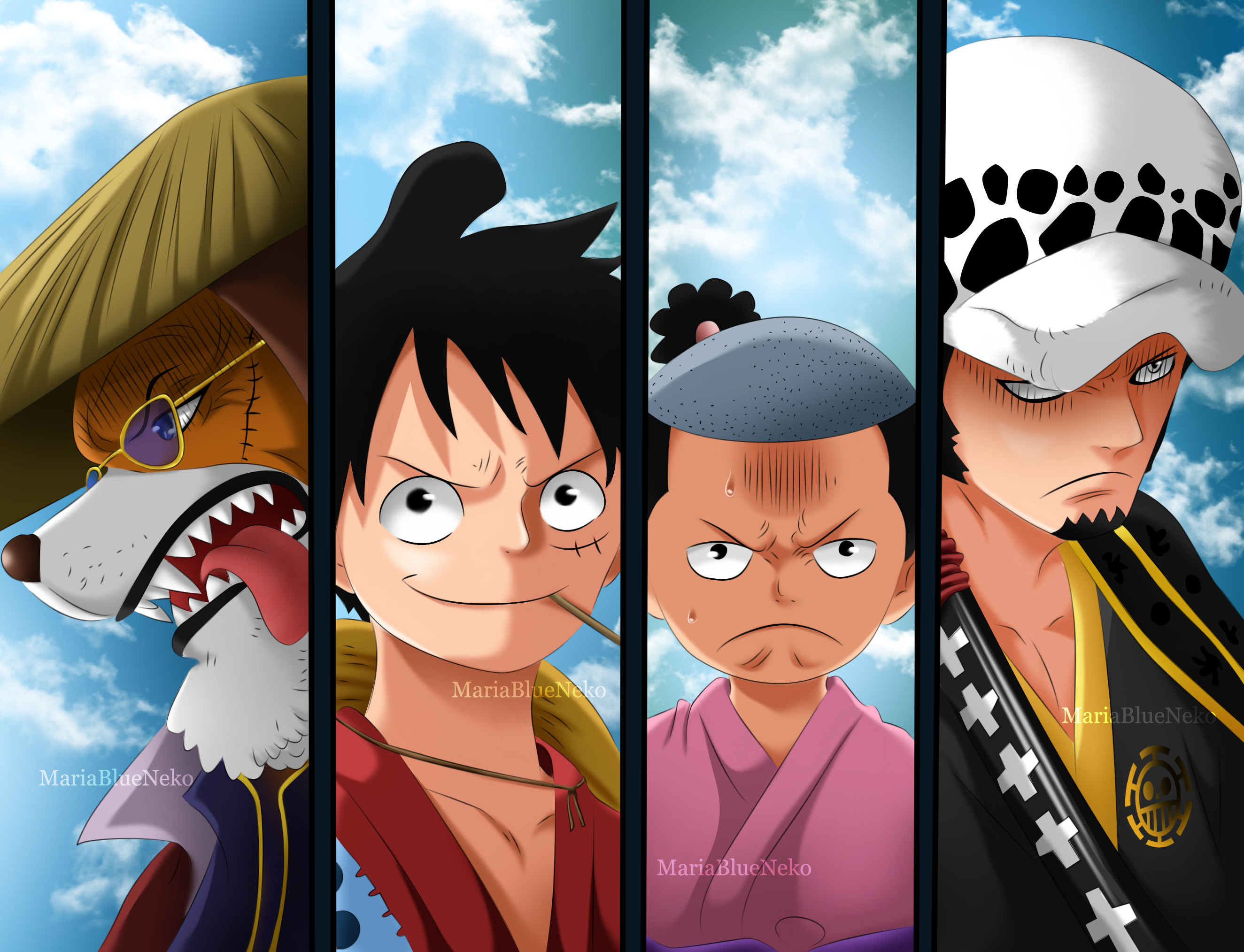 Inuarashi, Monkey D. Luffy, Momonosuke, and Trafalgar Law from One Piece HD Wallpaper
