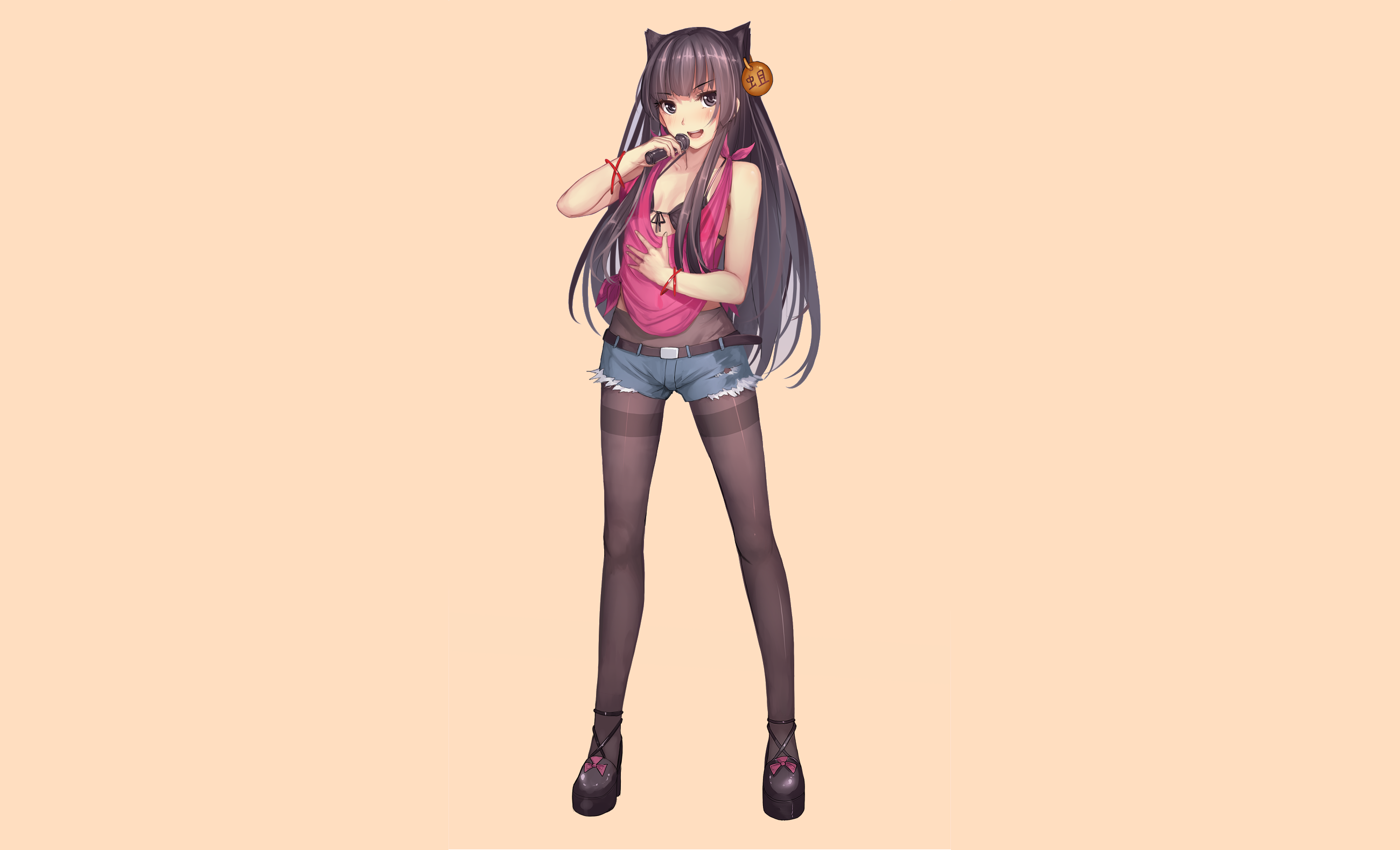 Anime girl with cat ears holding a microphone HD Wallpaper