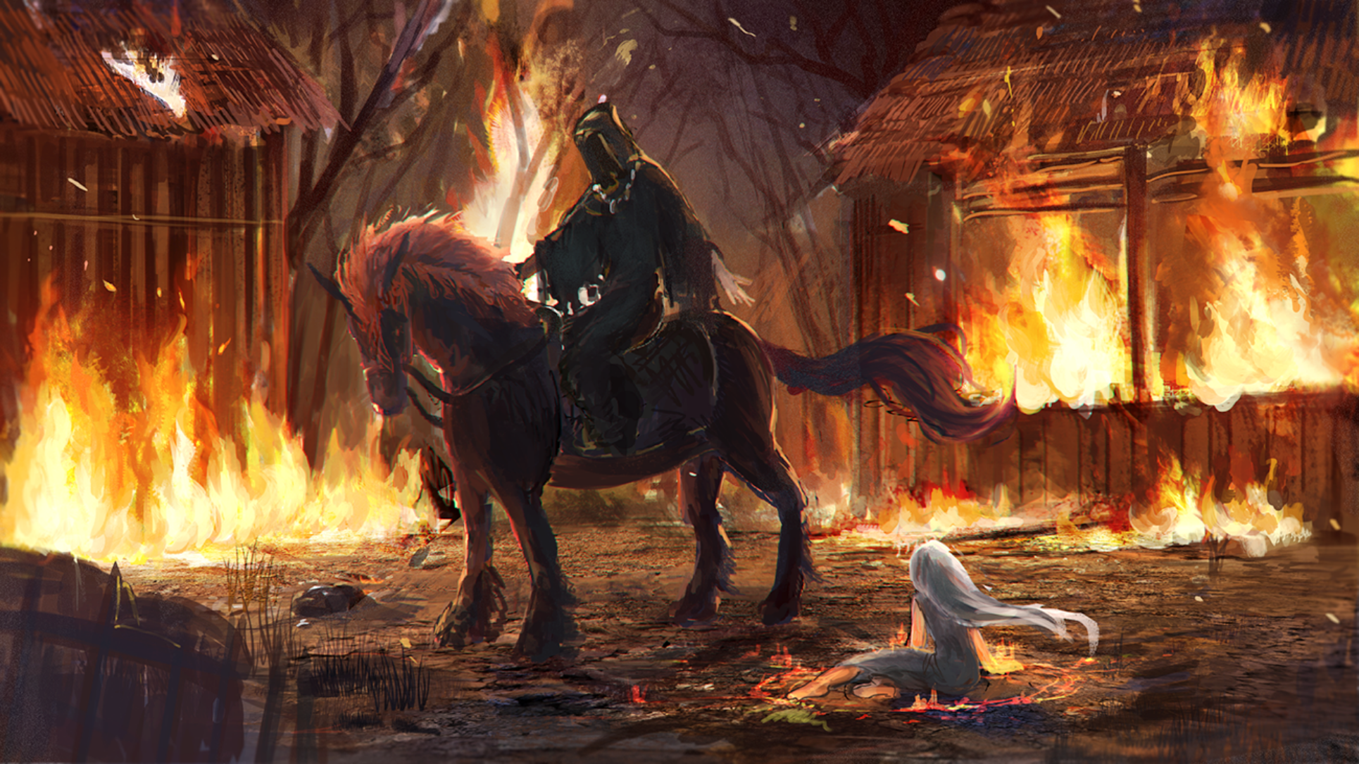 Figure on Horseback in Burning Village with Person on Ground HD Wallpaper