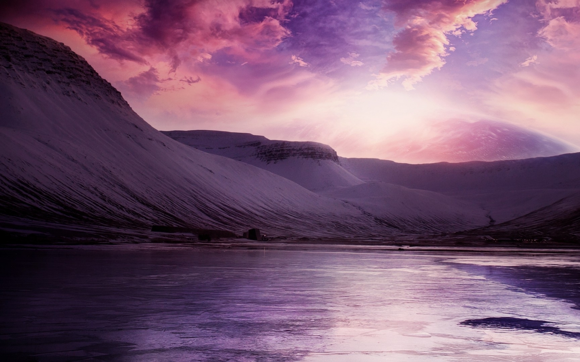 Snowy mountains and frozen lake under a pink sky HD Wallpaper