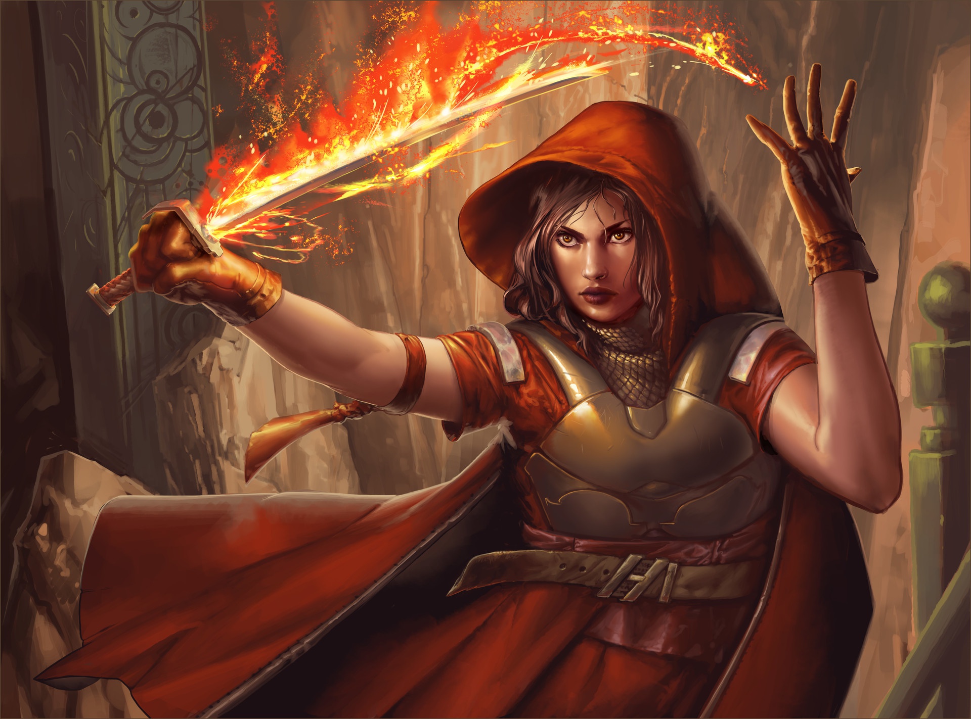 Woman warrior with flaming sword and red hood HD Wallpaper