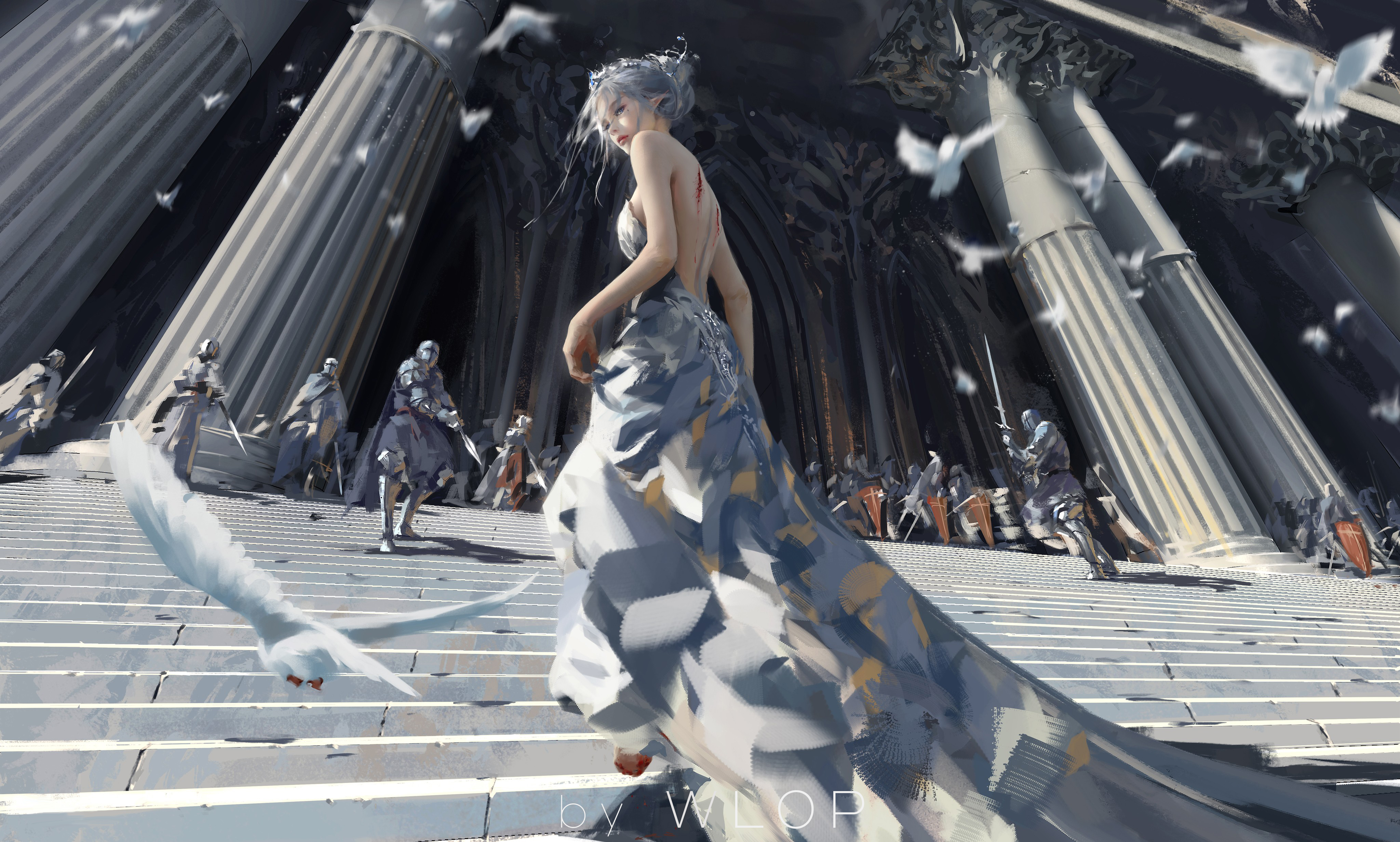 Elf woman in a flowing dress with doves and knights HD Wallpaper