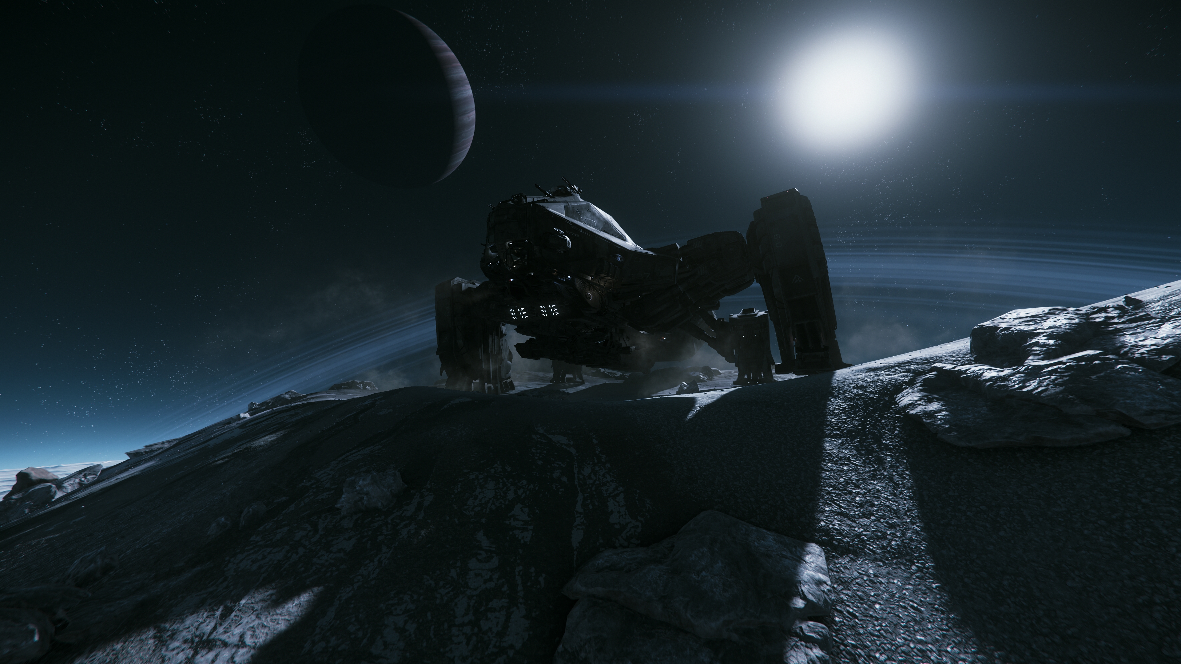 Reclaimer ship in Star Citizen near a ringed planet HD Wallpaper