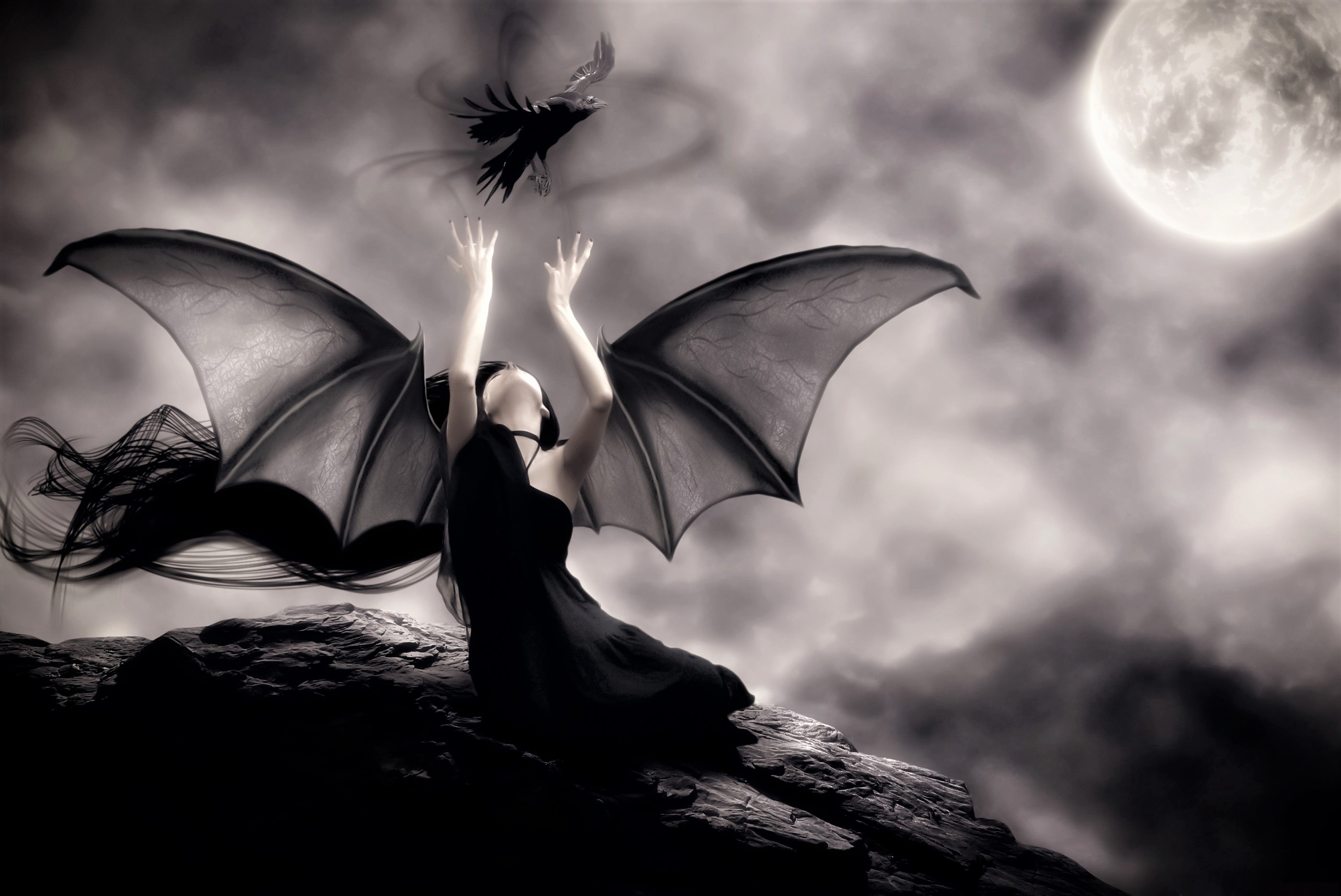Gothic woman with bat wings and raven HD Wallpaper