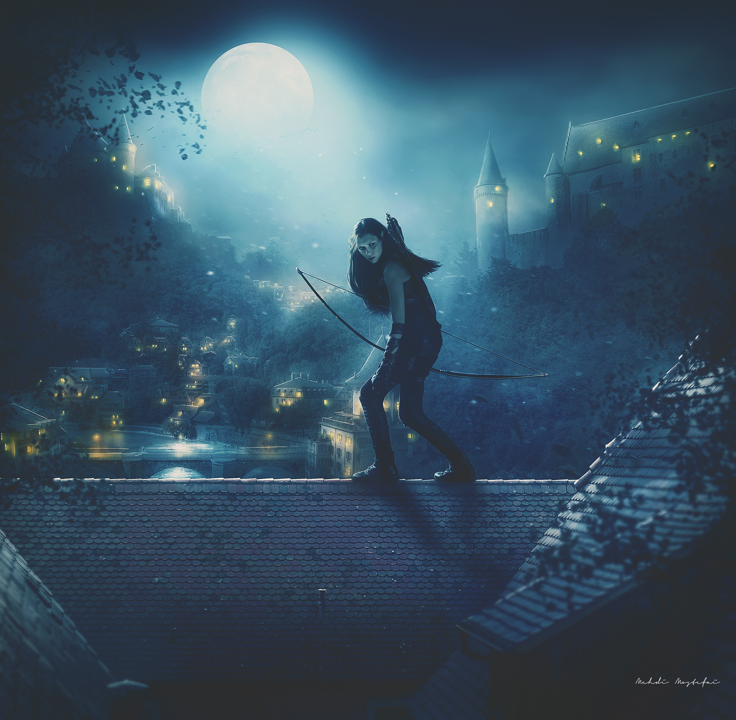Archer girl on a rooftop at night with a castle in the background HD Wallpaper