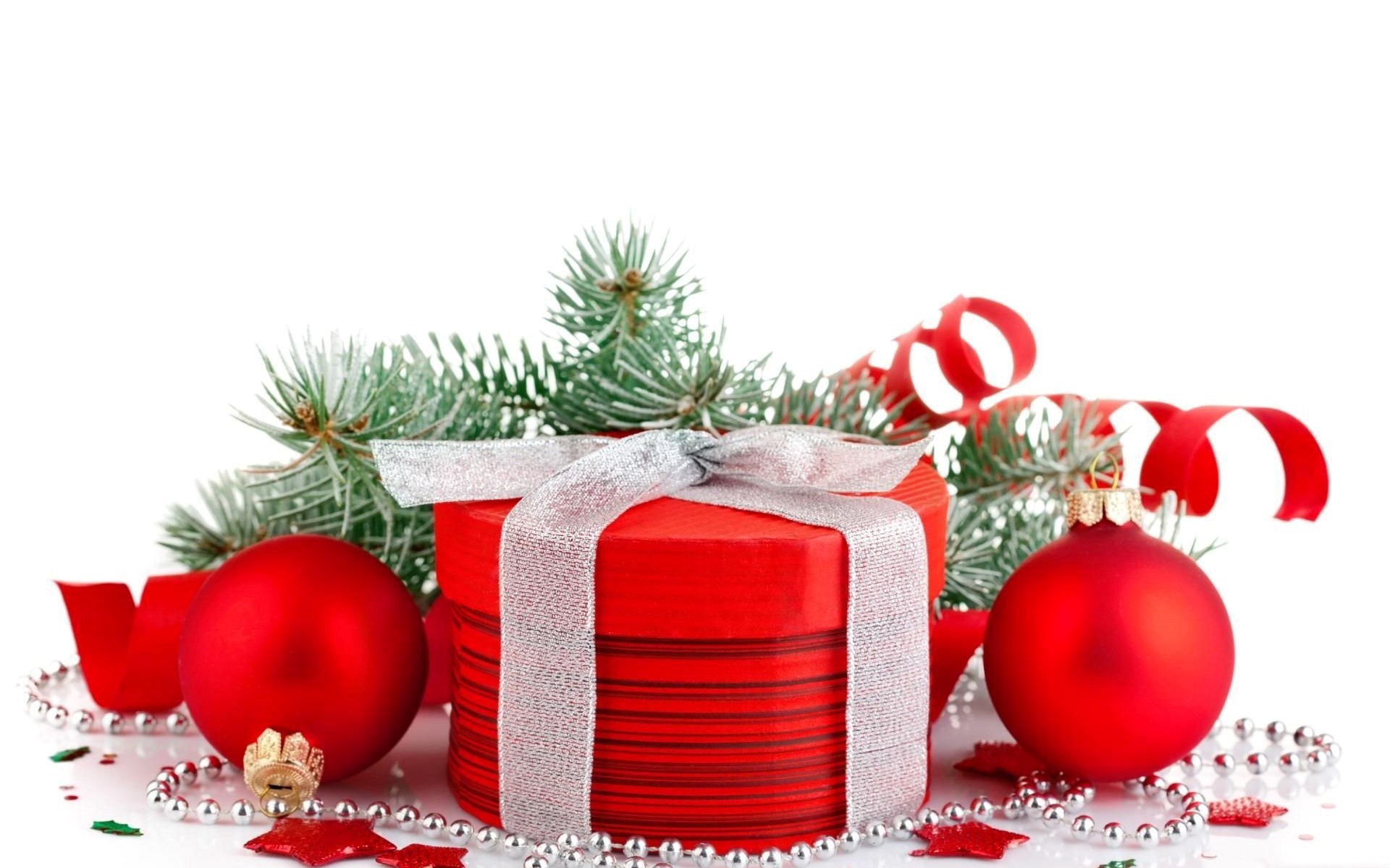 Christmas Gift Box with Ornaments and Pine Branches HD Wallpaper
