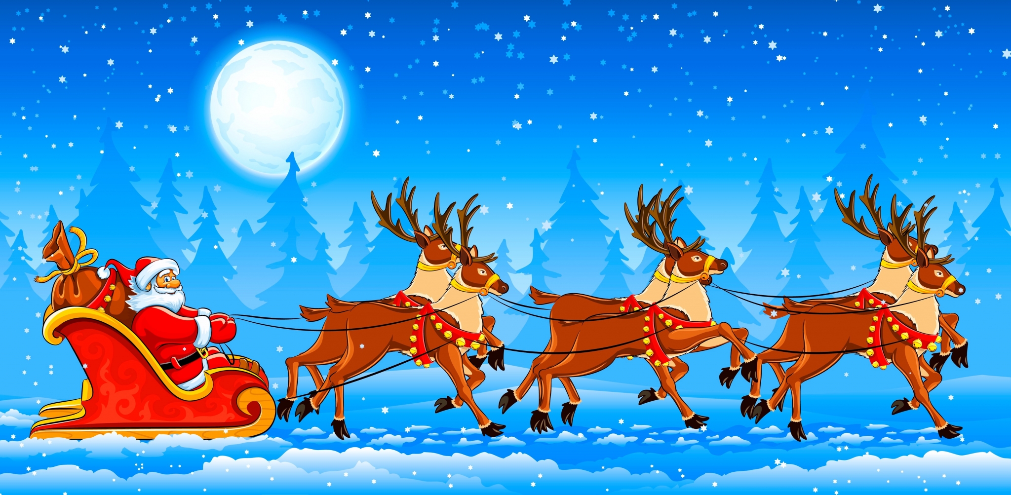 Santa Claus and reindeer sleigh flying in the night sky HD Wallpaper