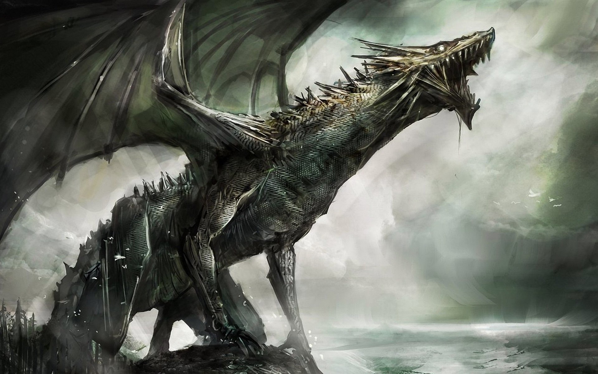A fearsome dragon with green wings and sharp teeth HD Wallpaper