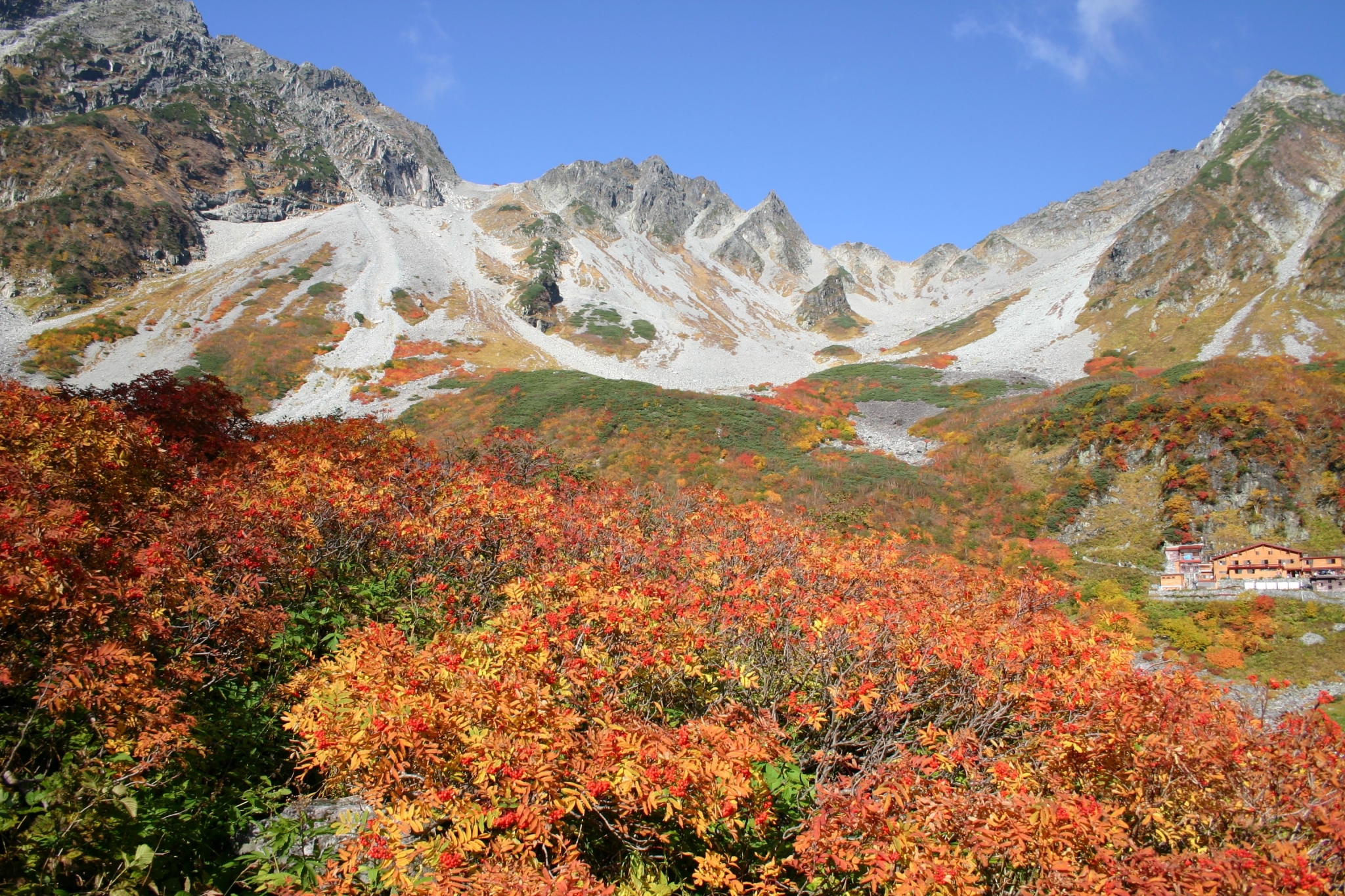 Autumn mountain landscape with colorful foliage and a lodge HD Wallpaper