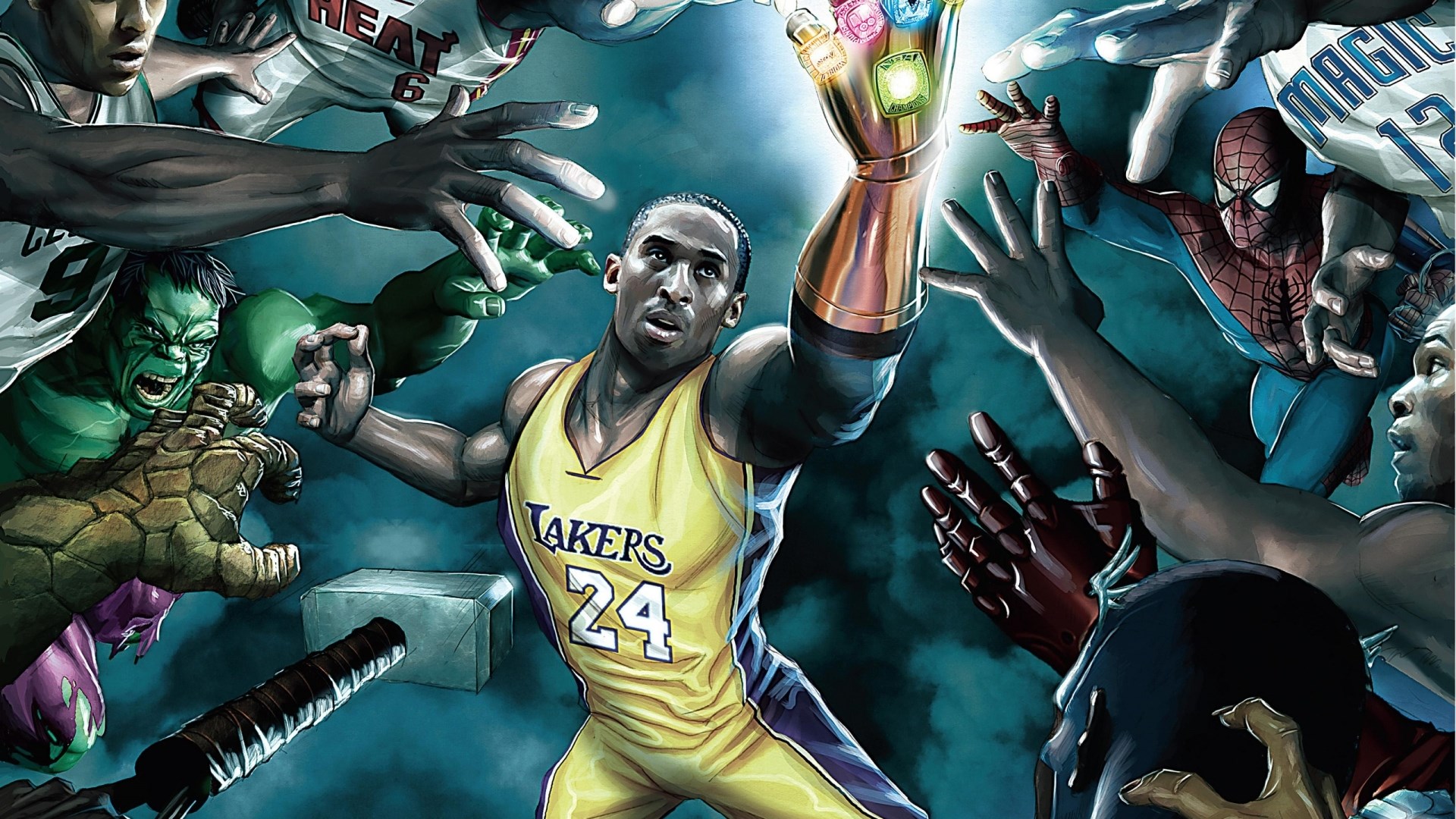 Kobe Bryant with Infinity Gauntlet and Marvel Heroes HD Wallpaper