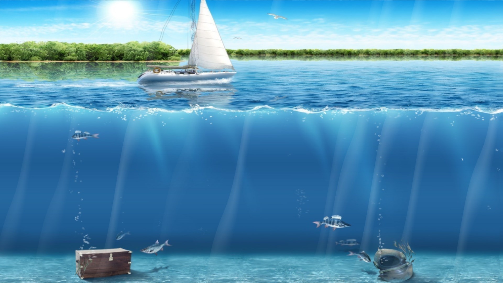 Sailboat on the water with underwater treasure chest and fish HD Wallpaper