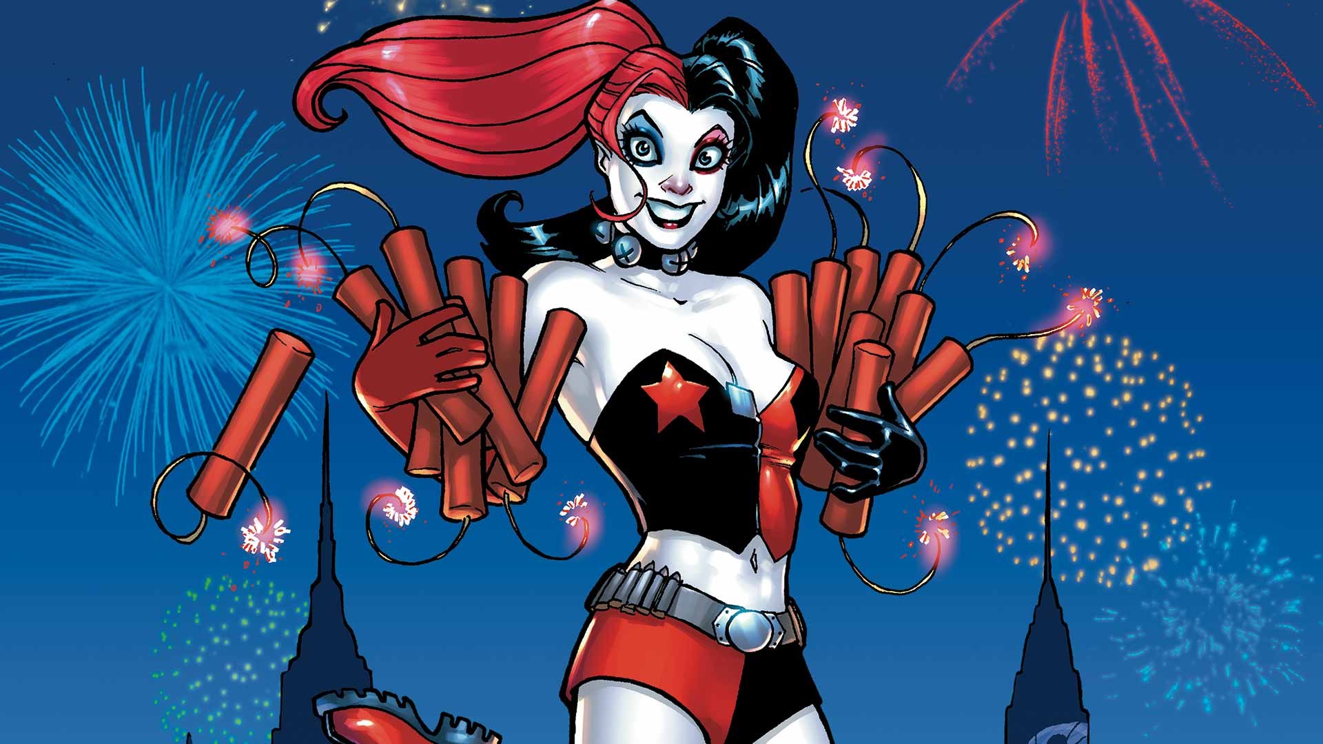 Harley Quinn holding dynamite with fireworks HD Wallpaper