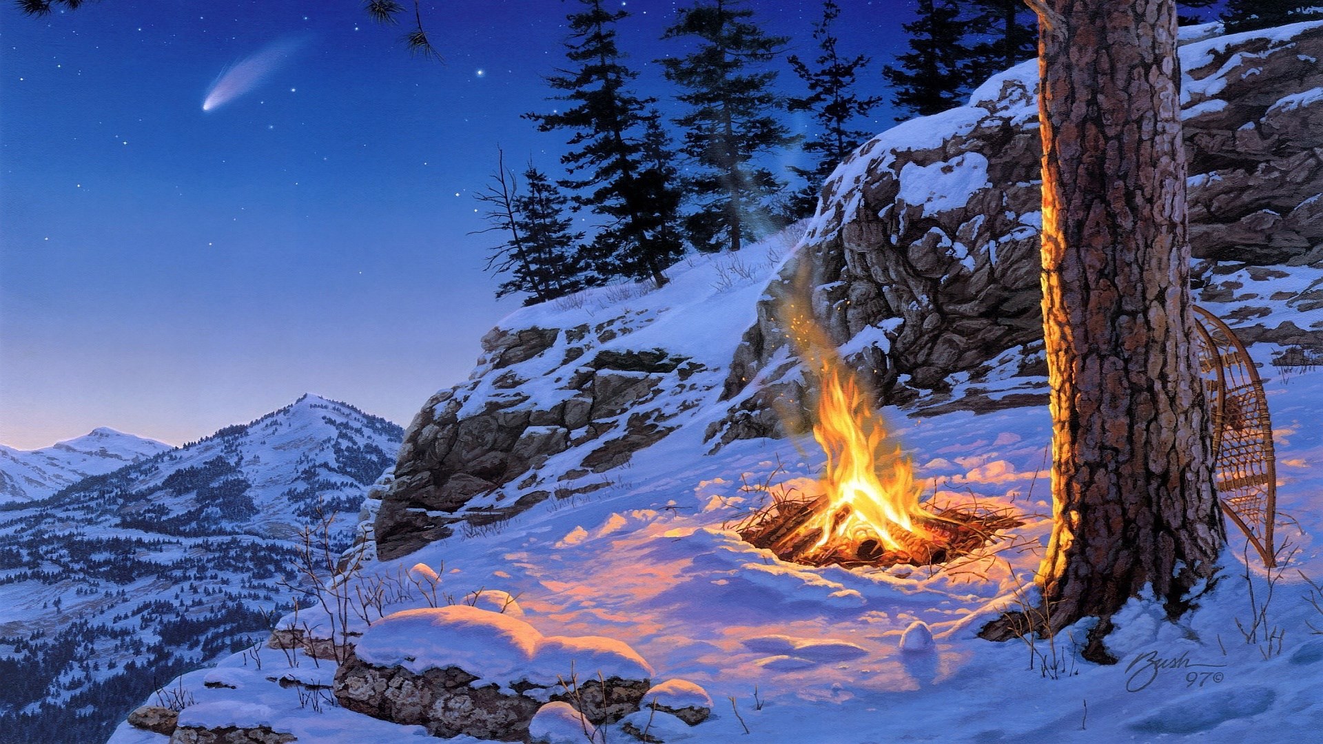 Campfire in a snowy mountain landscape with a comet HD Wallpaper