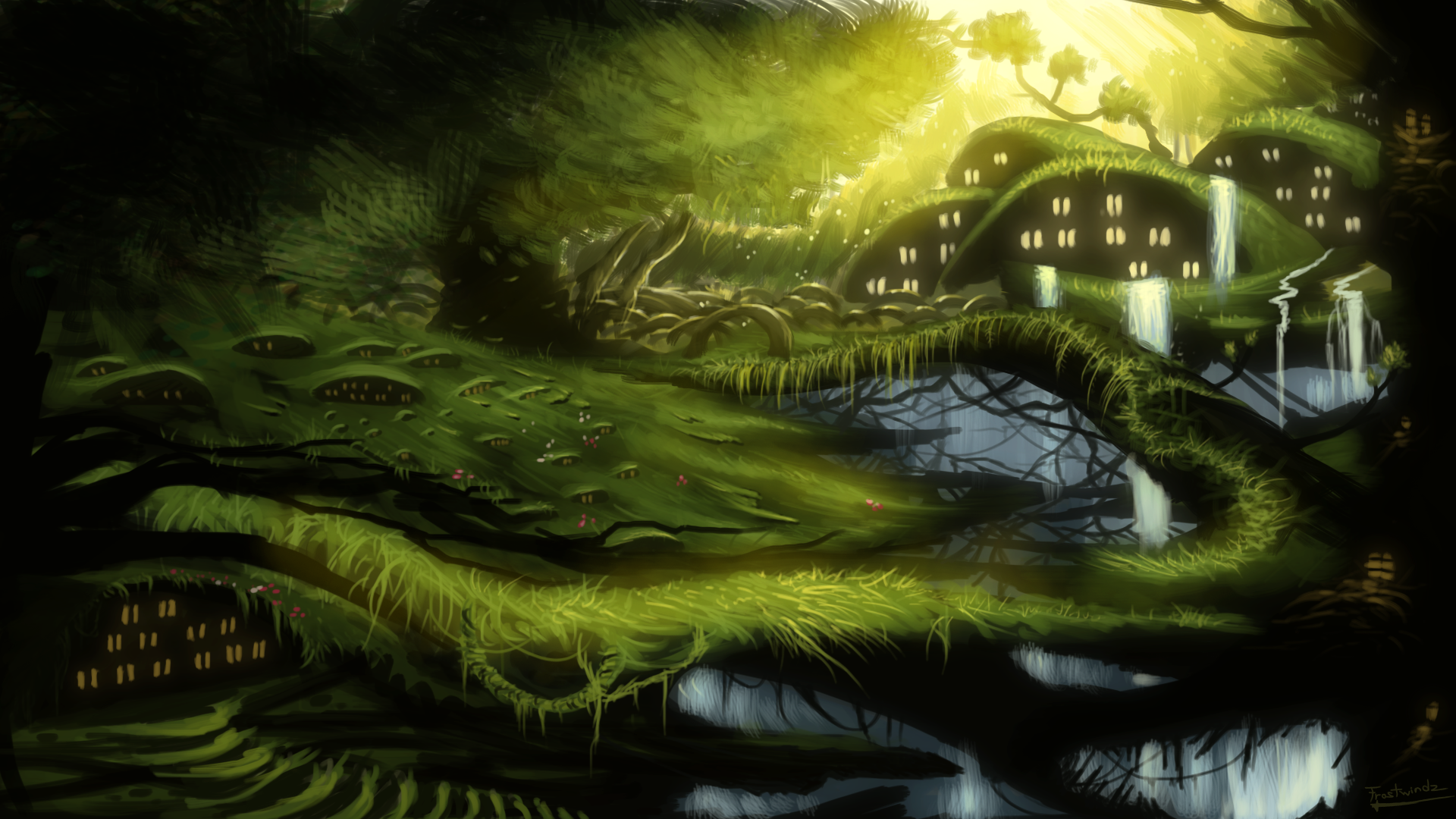 Fantasy forest village with mushroom-like homes and waterfalls HD Wallpaper